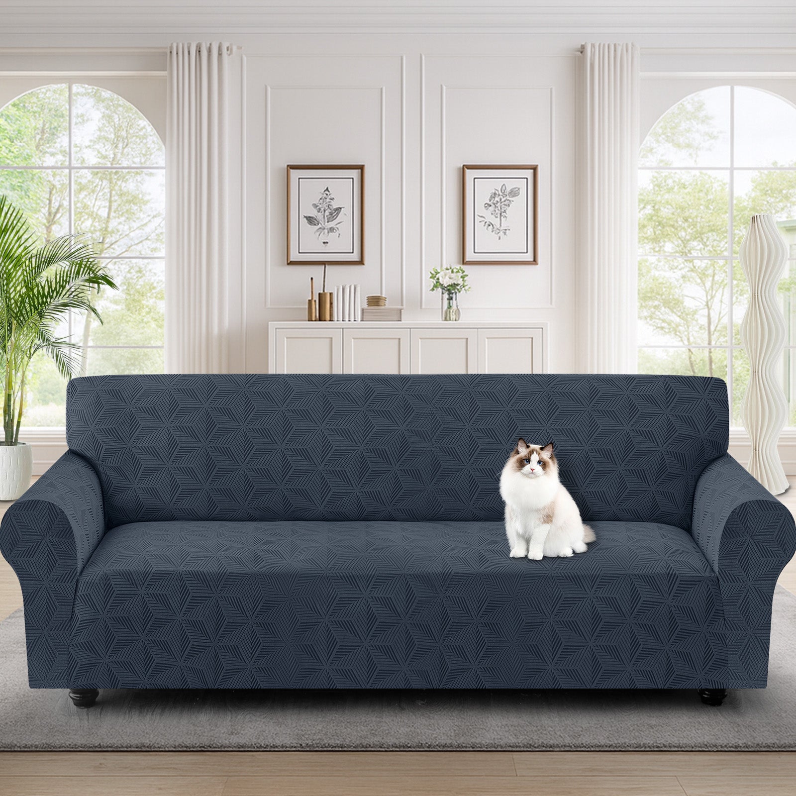 Ystyle Stretch 4 Seater Sofa Cover with Armrests Geometric Pattern Anti Slip-YSTYLE