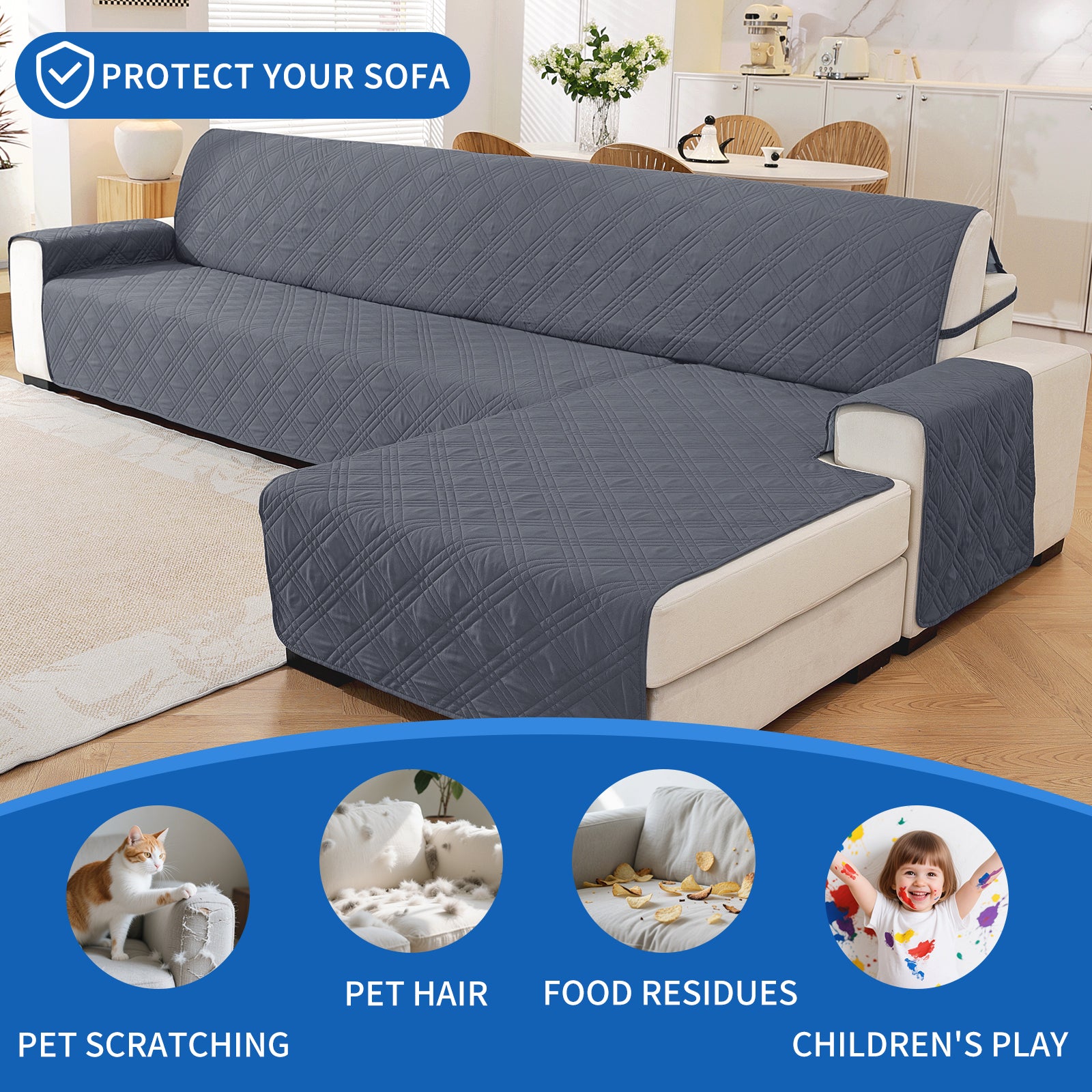 YSTYLE Reversible 4 Seater Corner Sofa Cover Quilted Anti Slip-YSTYLE