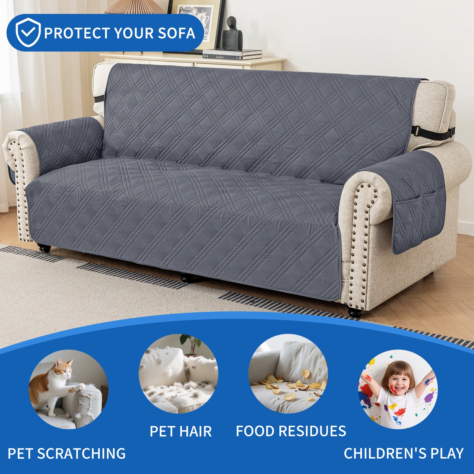 Ystyle Reversible 4 Seater Sofa Cover with Armrests Anti-Slip-YSTYLE