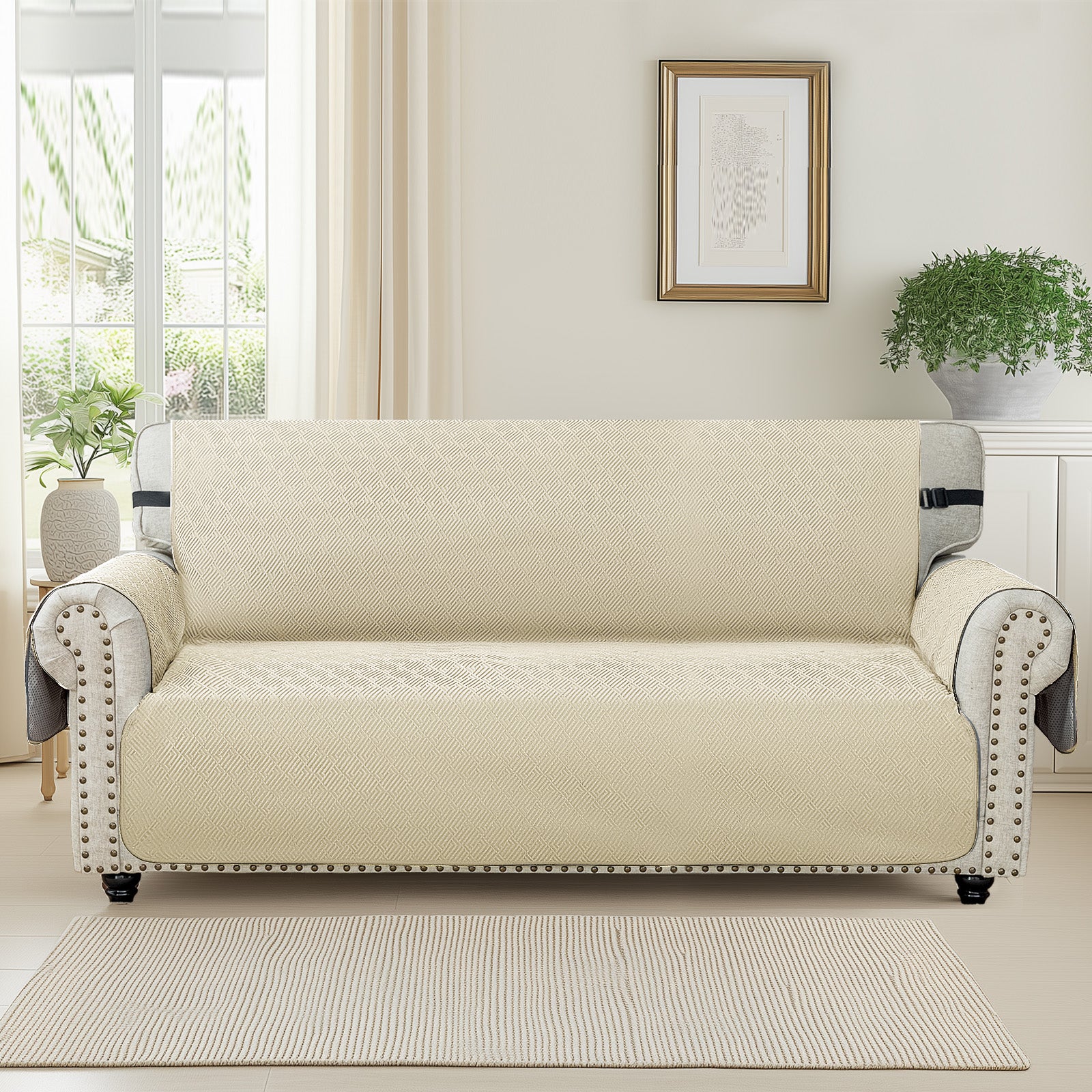 YSTYLE 4 Seater Sofa Cover with Armrests Geometric Pattern Anti Slip-YSTYLE