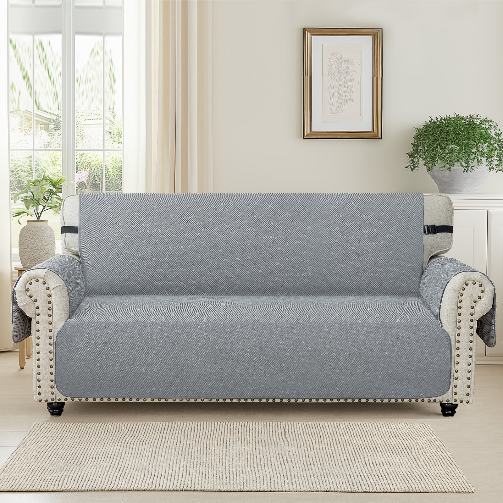 4 Seater Sofa Cover with Armrests in Anti-Scratch Non-Slip Green Fabric