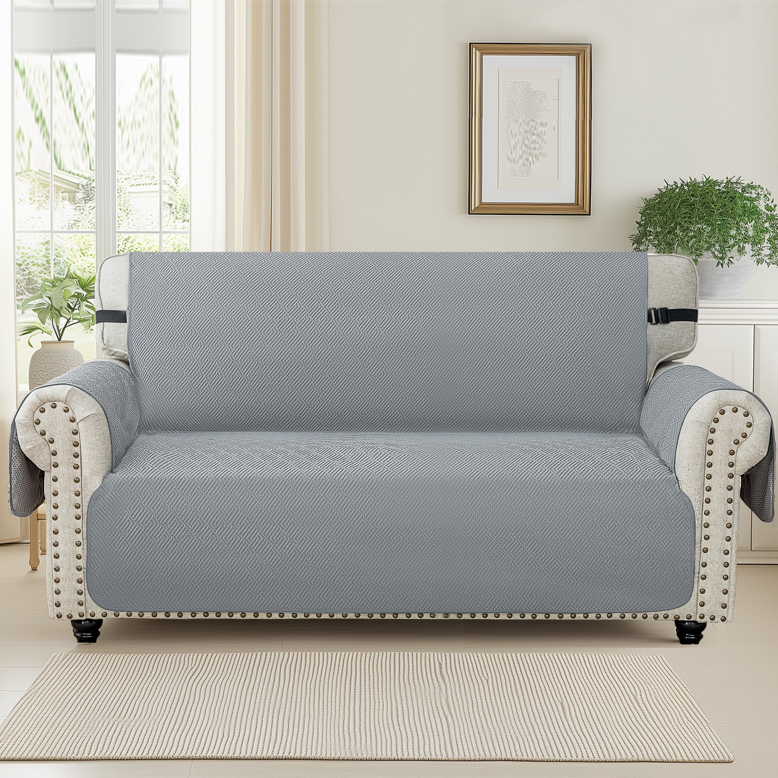 YSTYLE 3 Seater Sofa Cover with Armrests Geometric Pattern Anti Slip-YSTYLE