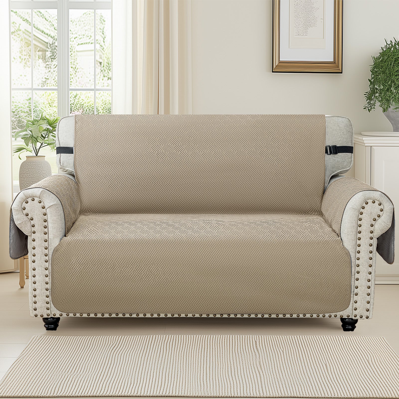 2 Seater Sofa Cover with Armrests Geometric Pattern Anti Slip-YSTYLE