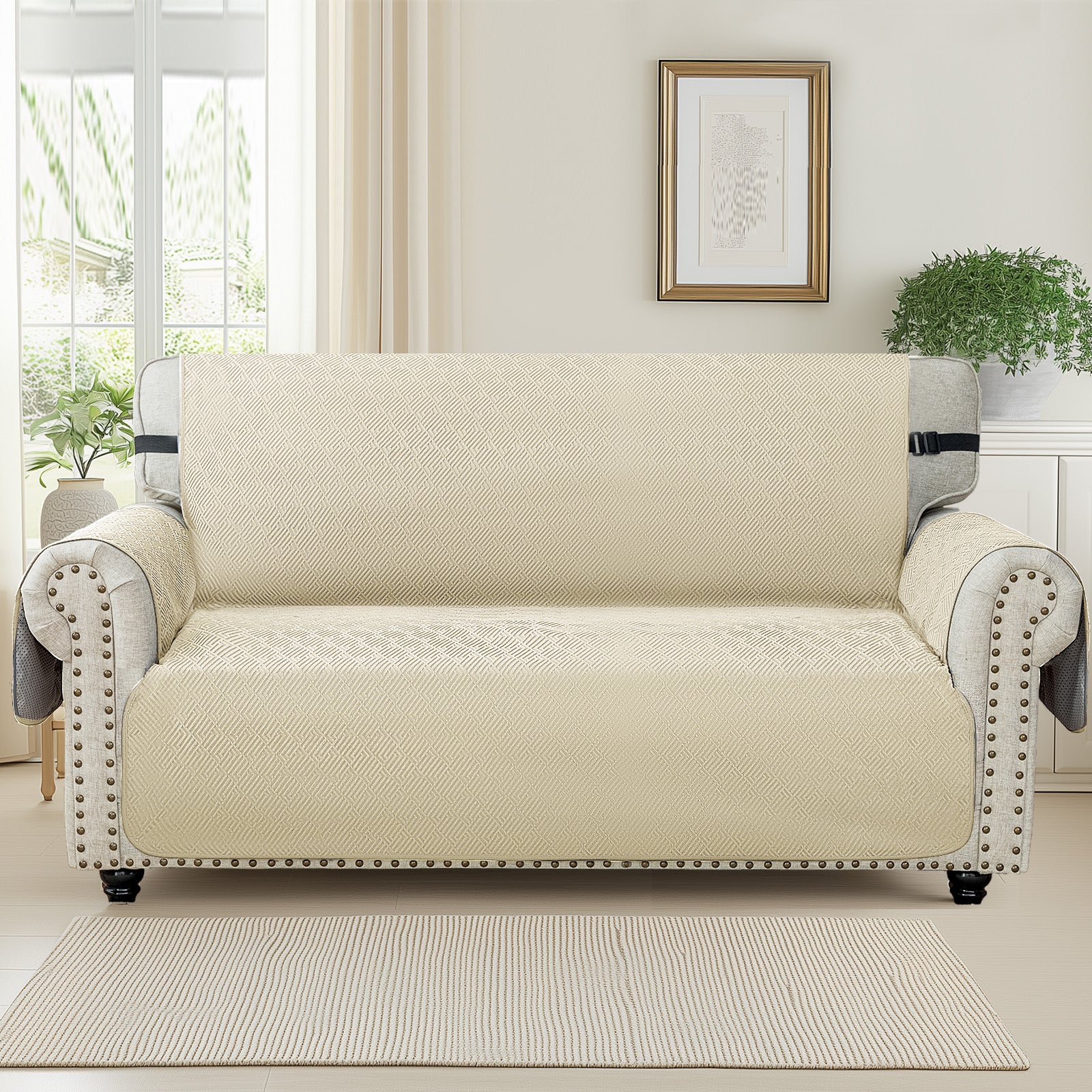 YSTYLE 3 Seater Sofa Cover with Armrests Geometric Pattern Anti Slip-YSTYLE