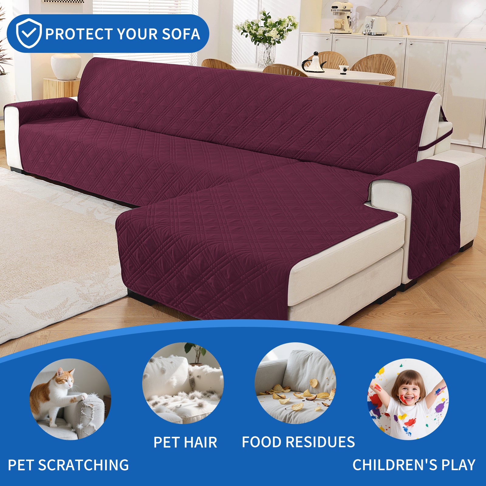 YSTYLE Reversible 4 Seater Corner Sofa Cover Quilted Anti Slip-YSTYLE