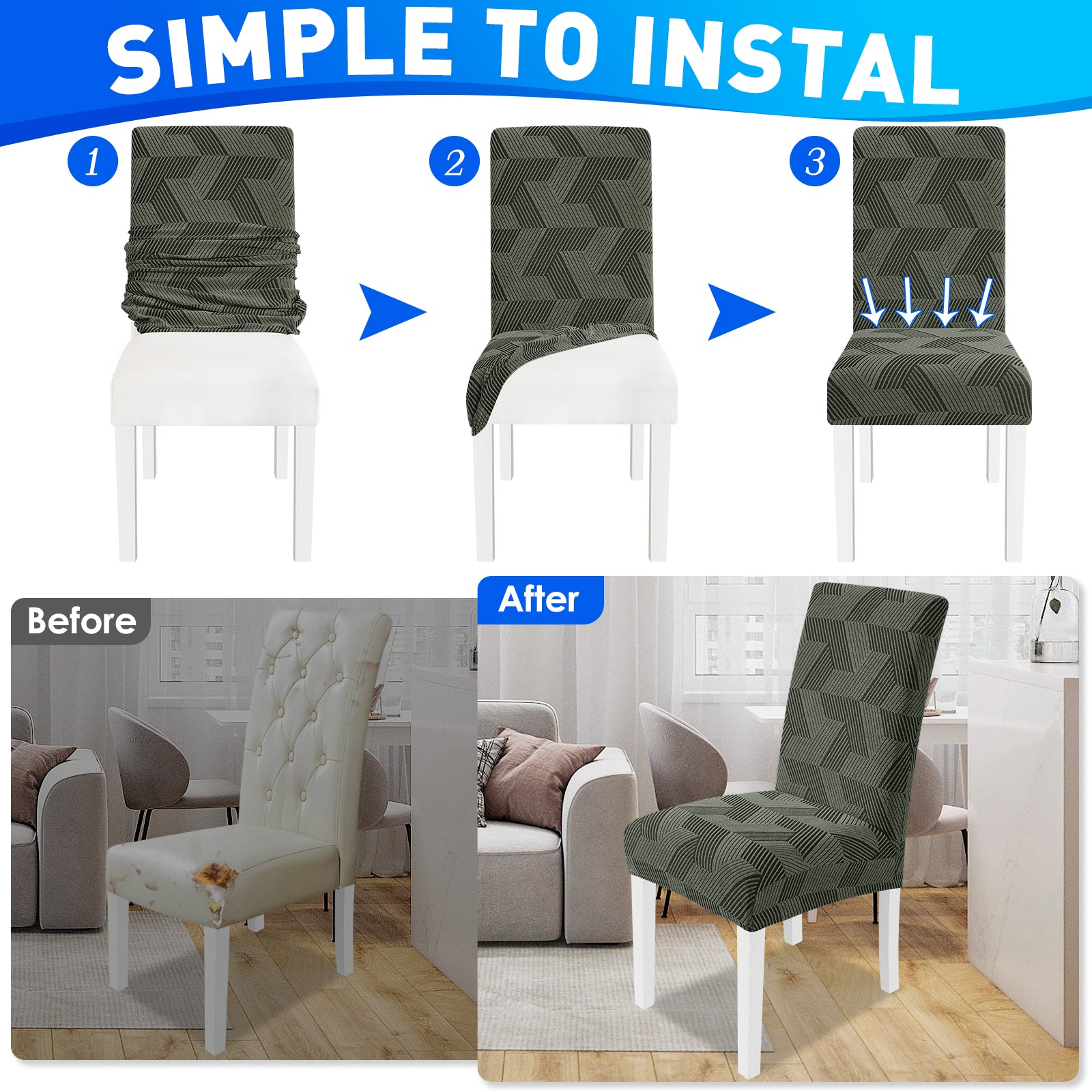 Ystyle 6-Piece Chair Covers with Backrest, Universal Kitchen Chair Covers, Removable Elastic Dining Chair Slipcovers, Stain-Resistant Chair Protectors, Washable, for Kitchen and Living Room