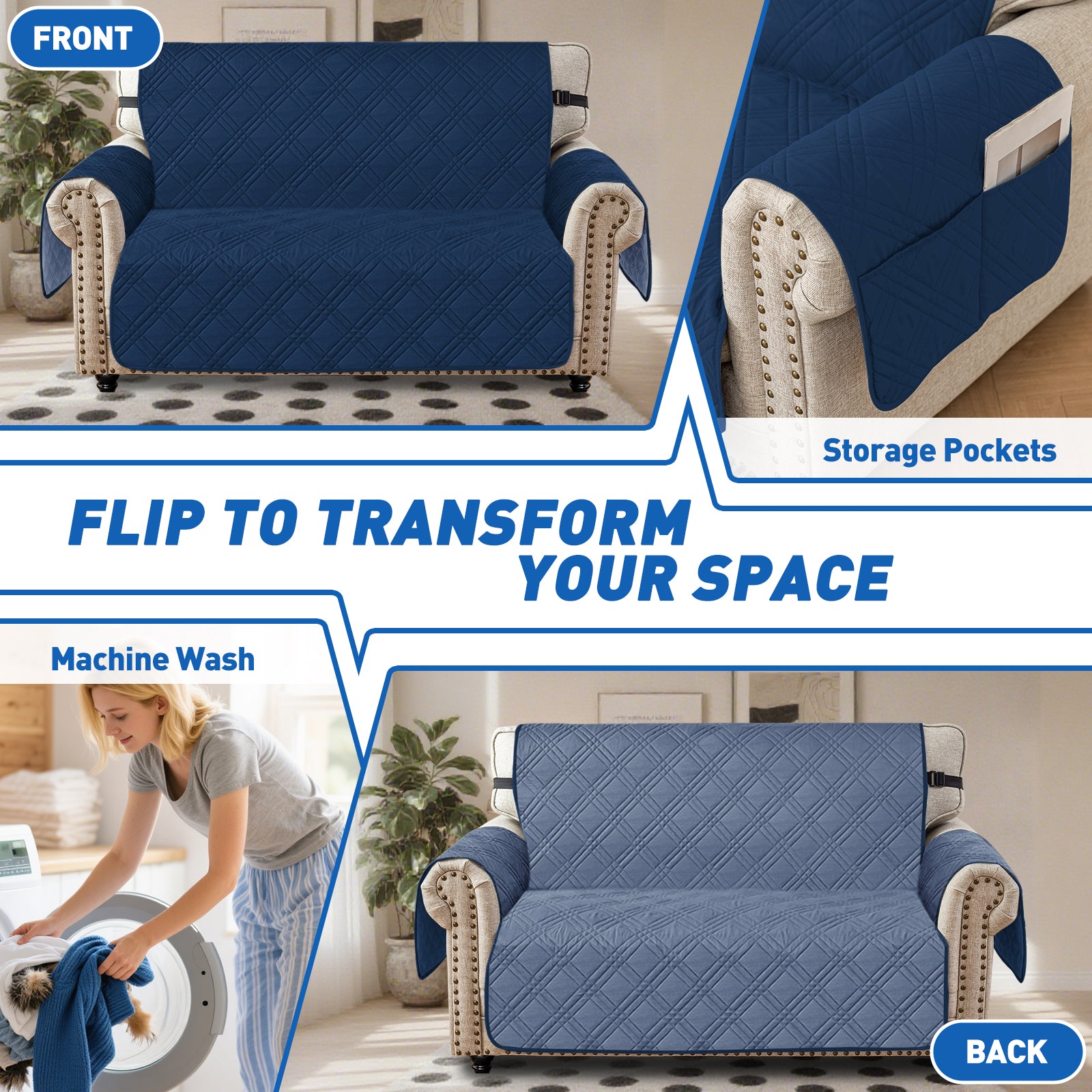 Ystyle Reversible 4 Seater Sofa Cover with Armrests Anti-Slip-YSTYLE