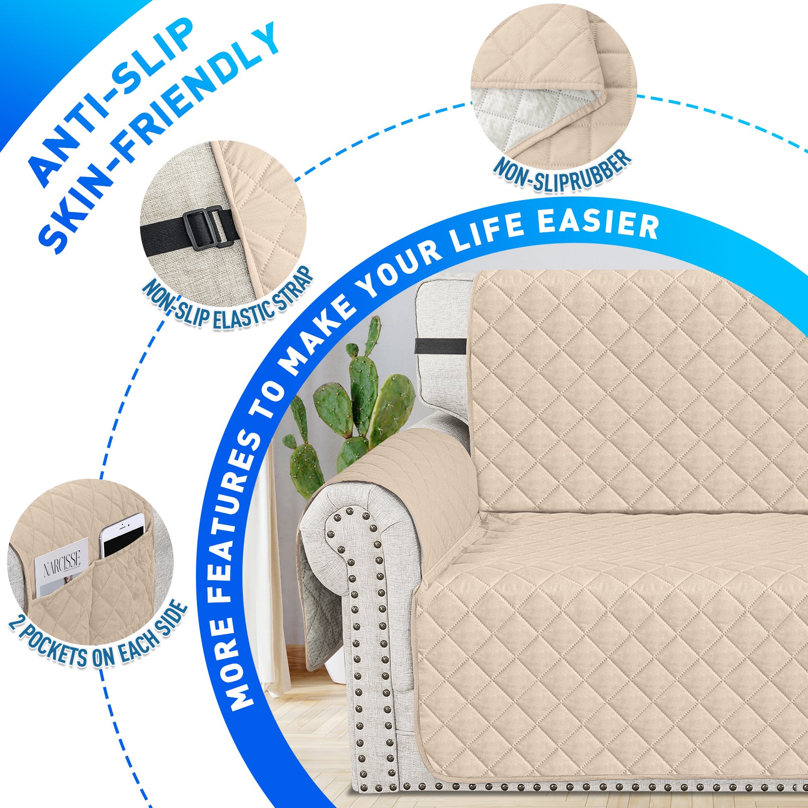 Ystyle Waterproof 2 Seater Sofa Cover with Armrests Anti-Slip