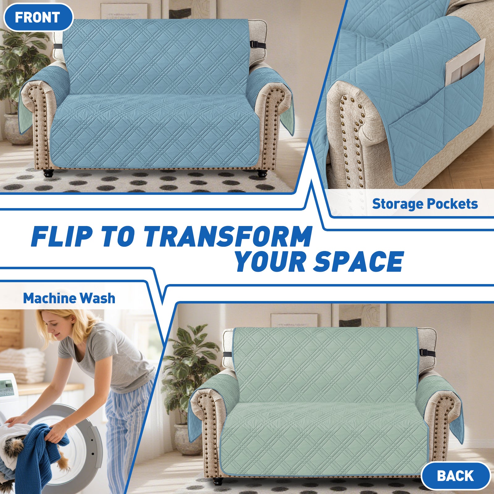 Ystyle Reversible 4 Seater Sofa Cover with Armrests Anti-Slip-YSTYLE