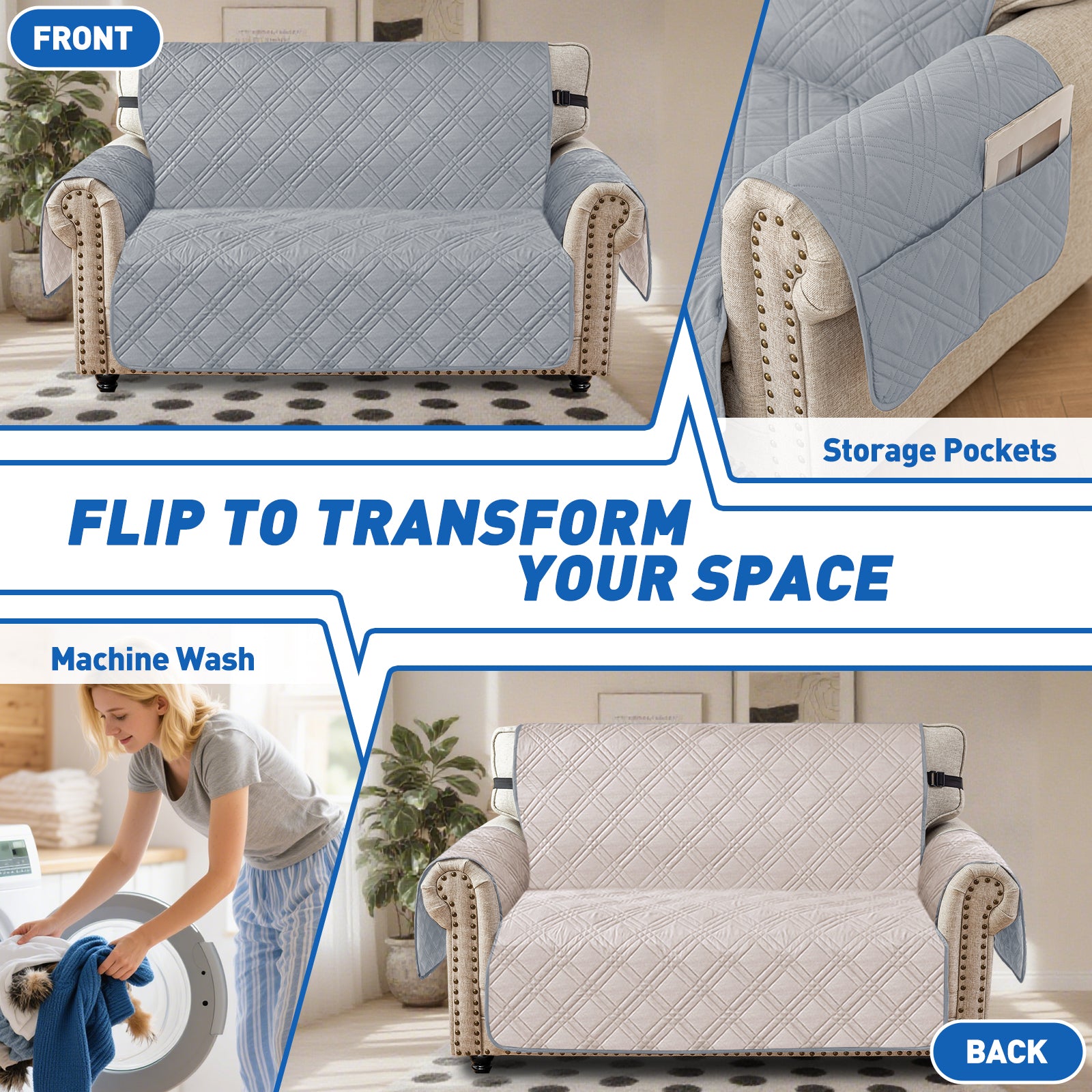 Ystyle Reversible 4 Seater Sofa Cover with Armrests Anti-Slip-YSTYLE