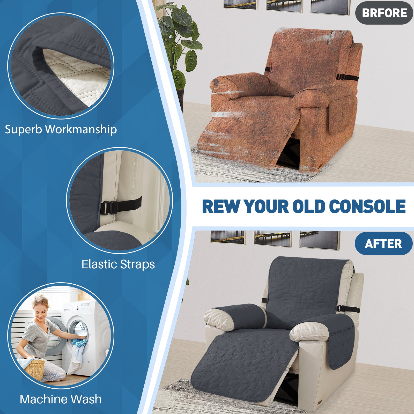 Capa para Sillón Reclinable de 1 Plazas YSTYLE – Impermeable, Antideslizante, Ajuste Elástico con Apoyabrazos