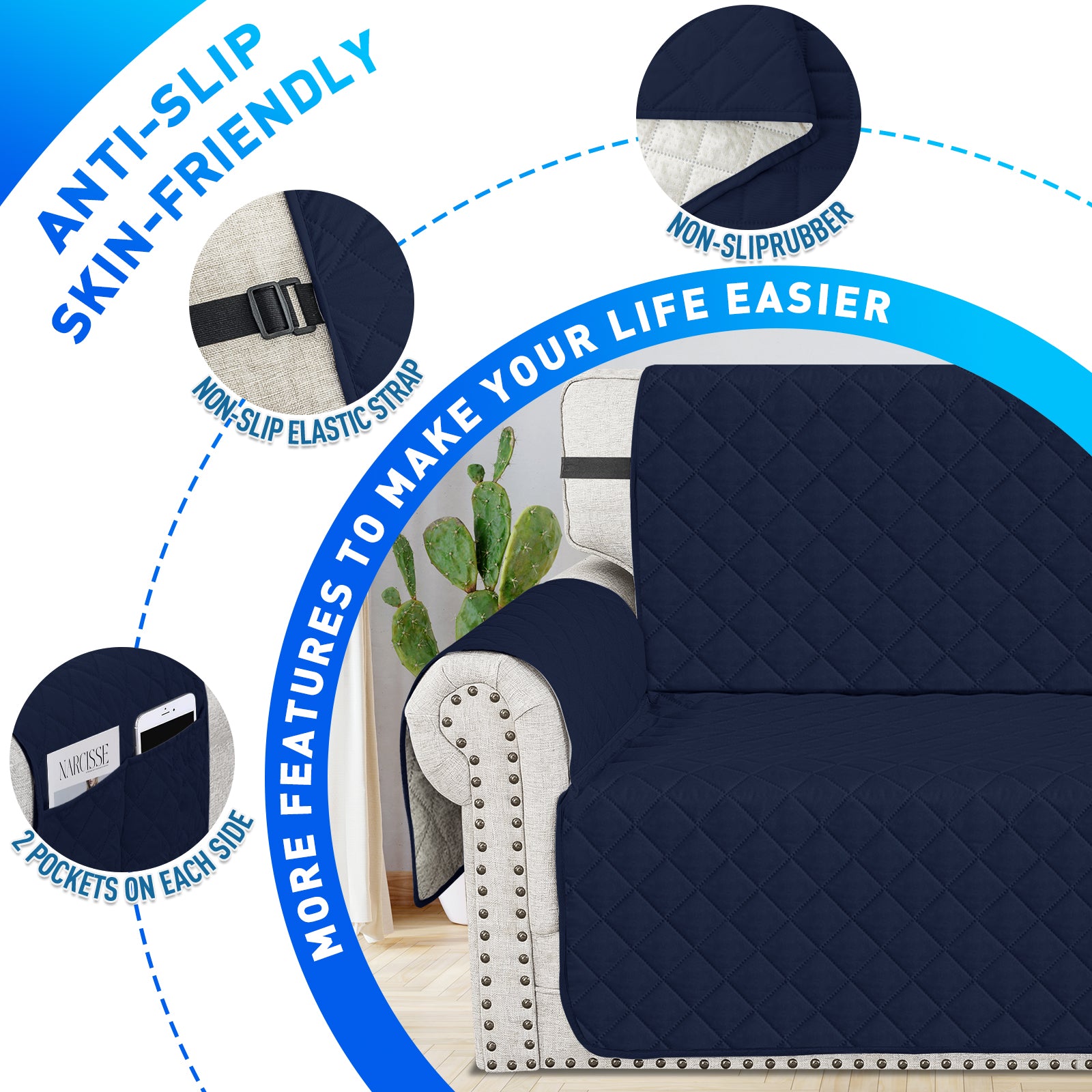 Ystyle Waterproof 2 Seater Sofa Cover with Armrests Anti-Slip