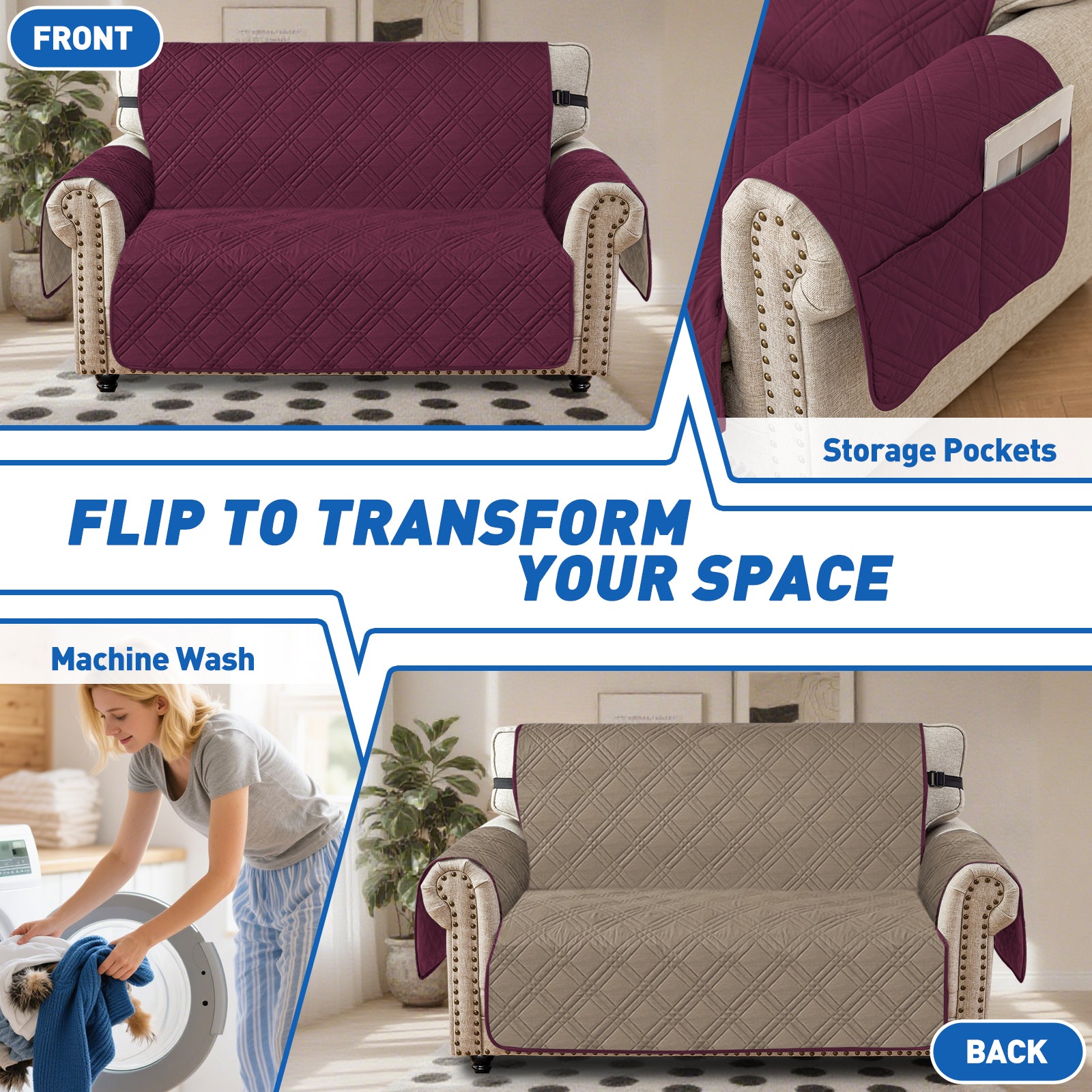 Ystyle Reversible 4 Seater Sofa Cover with Armrests Anti-Slip-YSTYLE