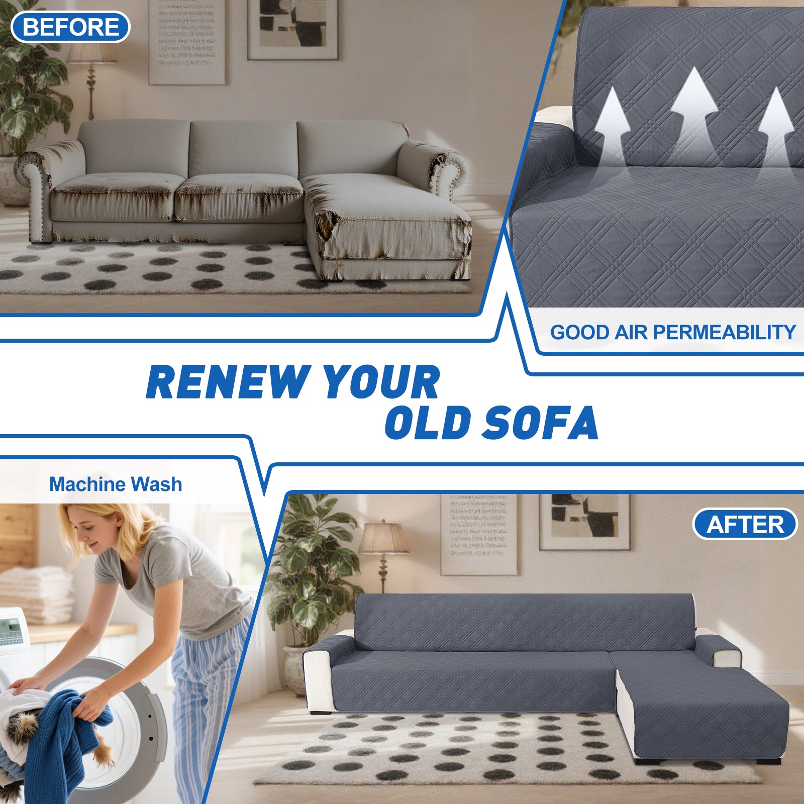 YSTYLE Reversible 4 Seater Corner Sofa Cover Quilted Anti Slip-YSTYLE