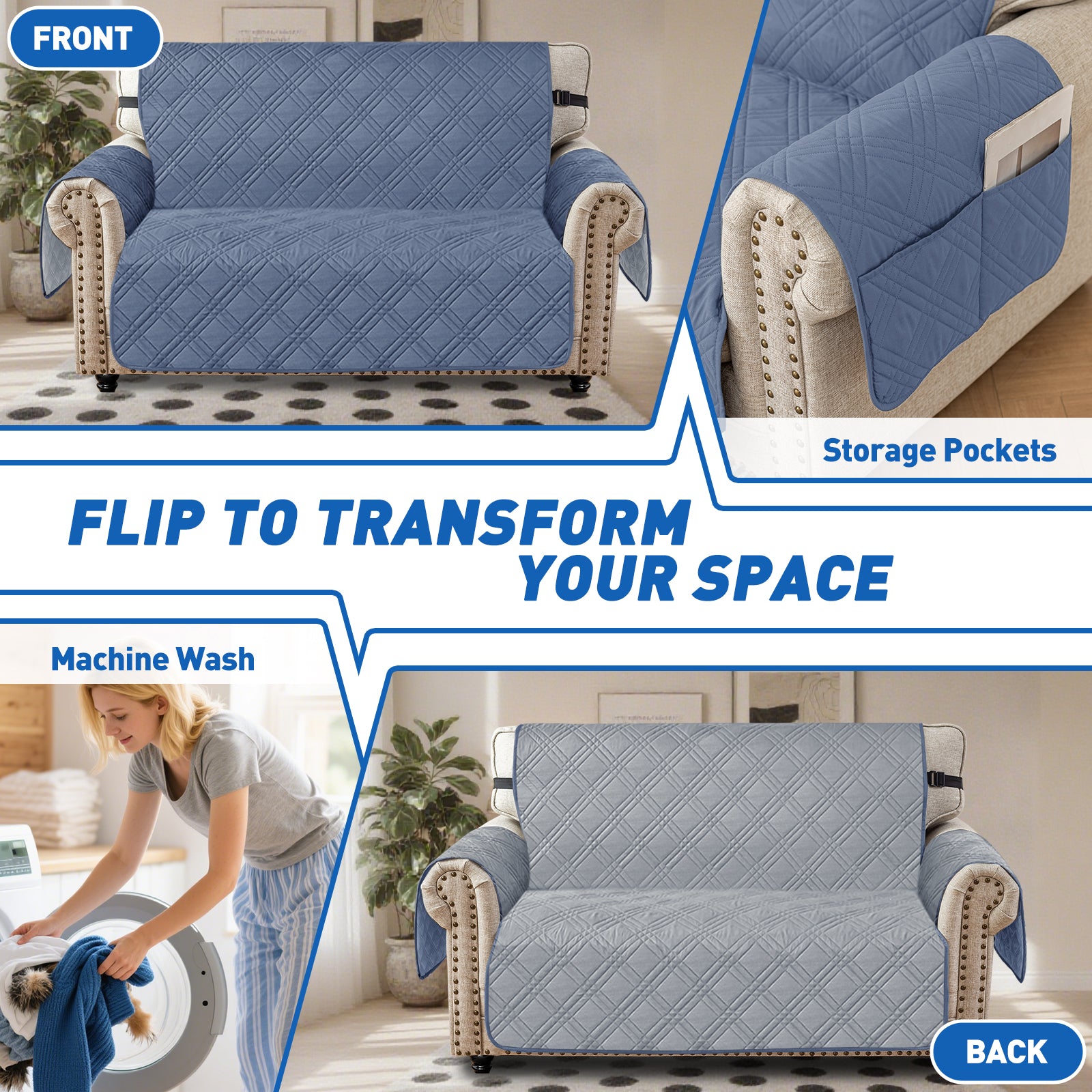 Ystyle Reversible 4 Seater Sofa Cover with Armrests Anti-Slip-YSTYLE