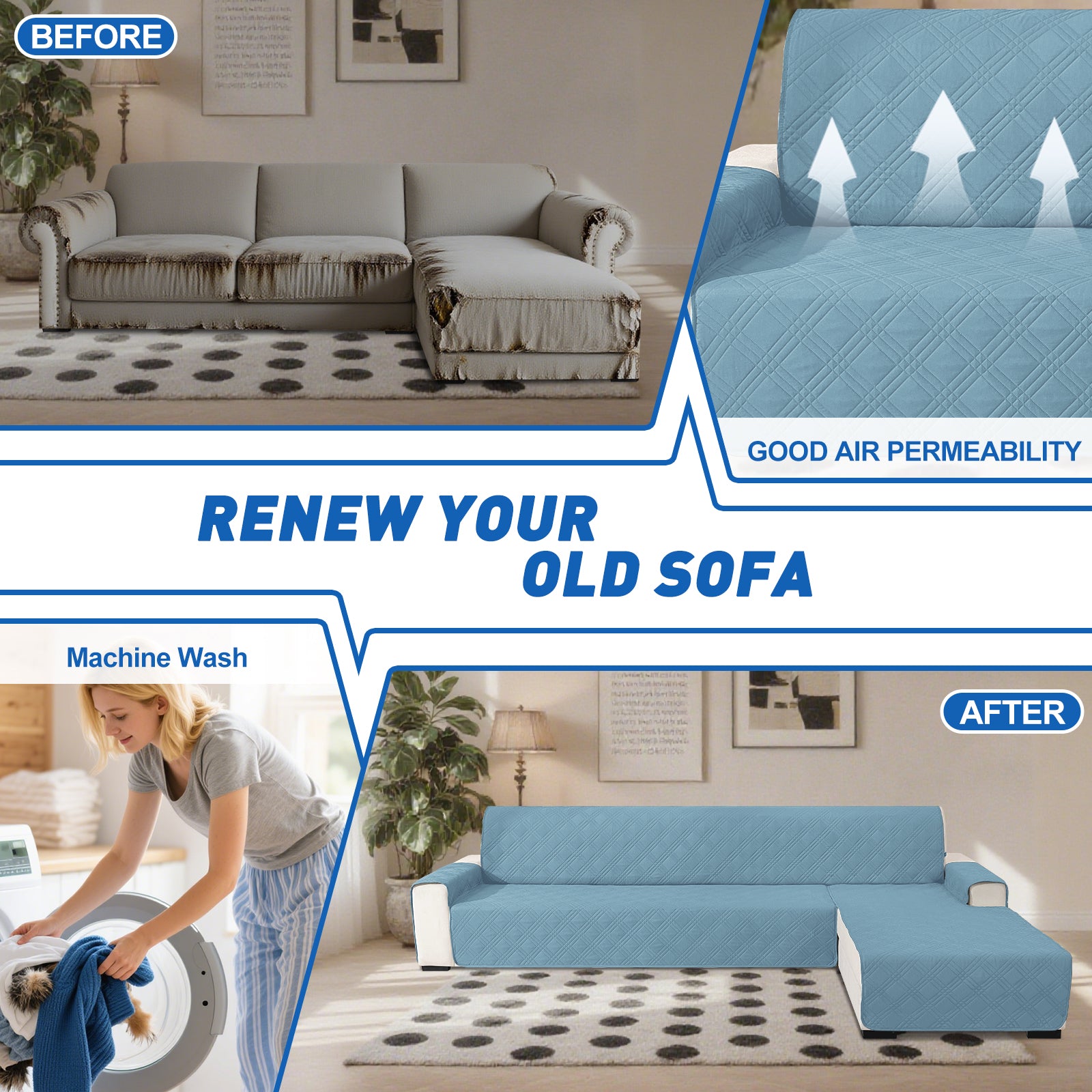 YSTYLE Reversible 4 Seater Corner Sofa Cover Quilted Anti Slip-YSTYLE