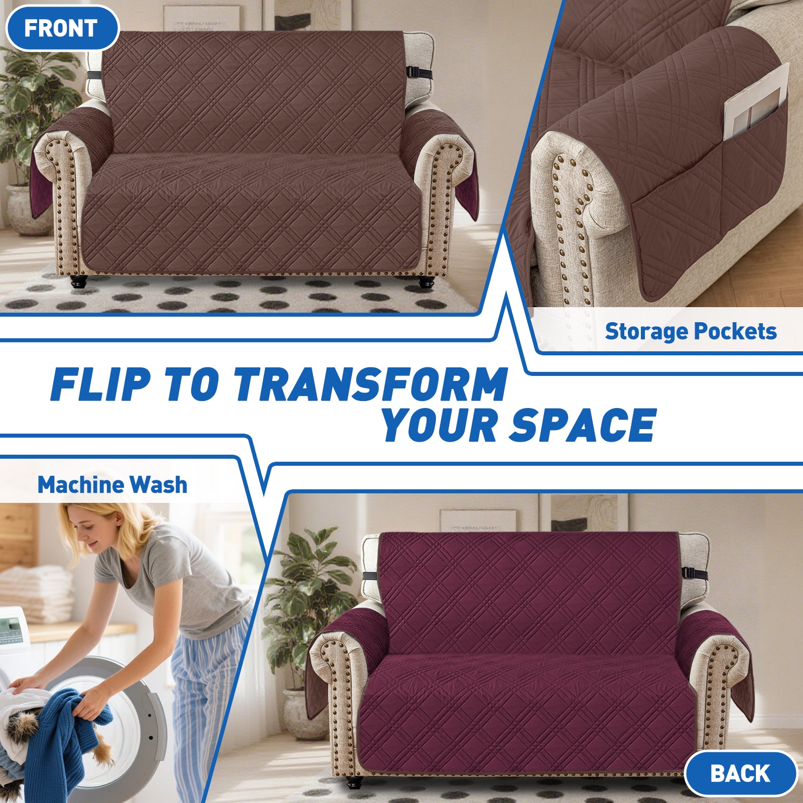 Ystyle Reversible 4 Seater Sofa Cover with Armrests Anti-Slip-YSTYLE