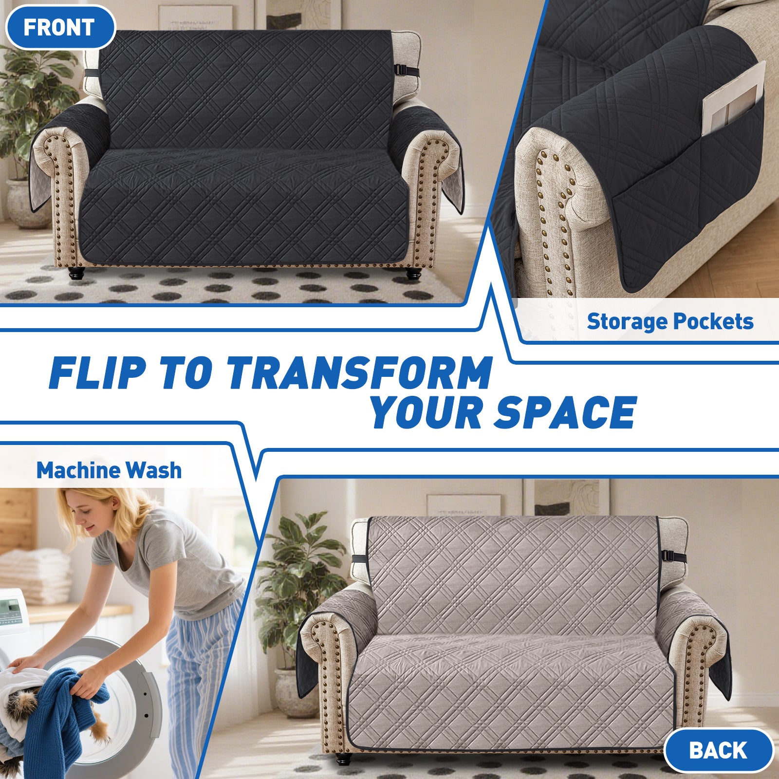 Ystyle Reversible 4 Seater Sofa Cover with Armrests Anti-Slip-YSTYLE