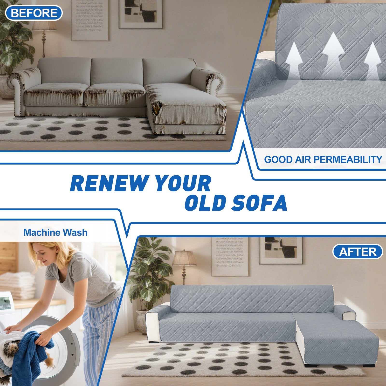 YSTYLE Reversible 4 Seater Corner Sofa Cover Quilted Anti Slip-YSTYLE