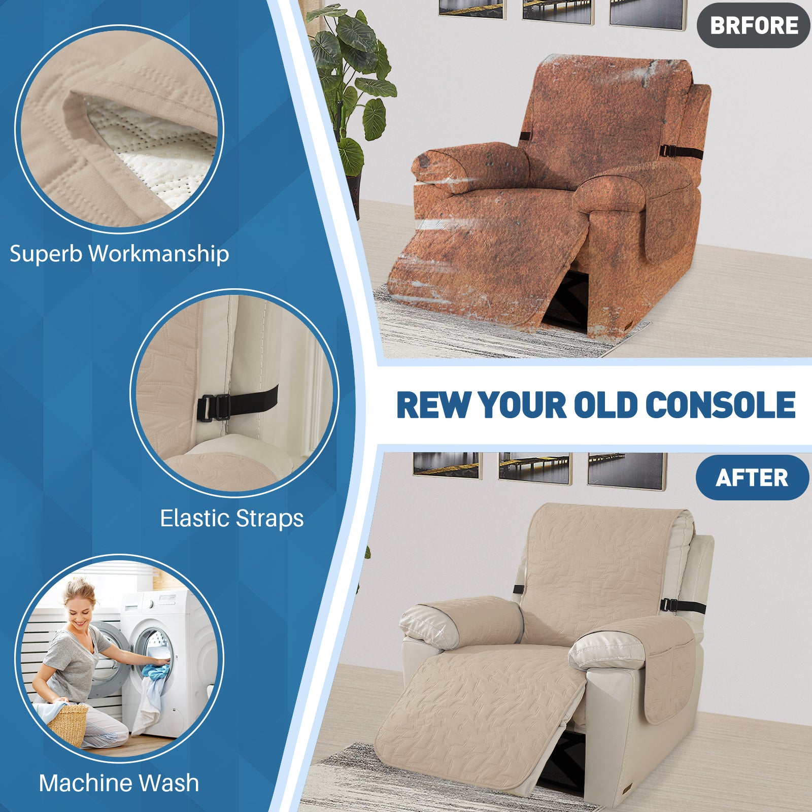 Capa para Sillón Reclinable de 1 Plazas YSTYLE – Impermeable, Antideslizante, Ajuste Elástico con Apoyabrazos