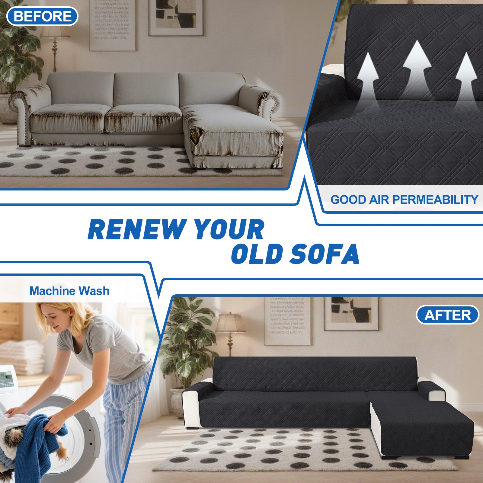 YSTYLE Reversible 4 Seater Corner Sofa Cover Quilted Anti Slip-YSTYLE