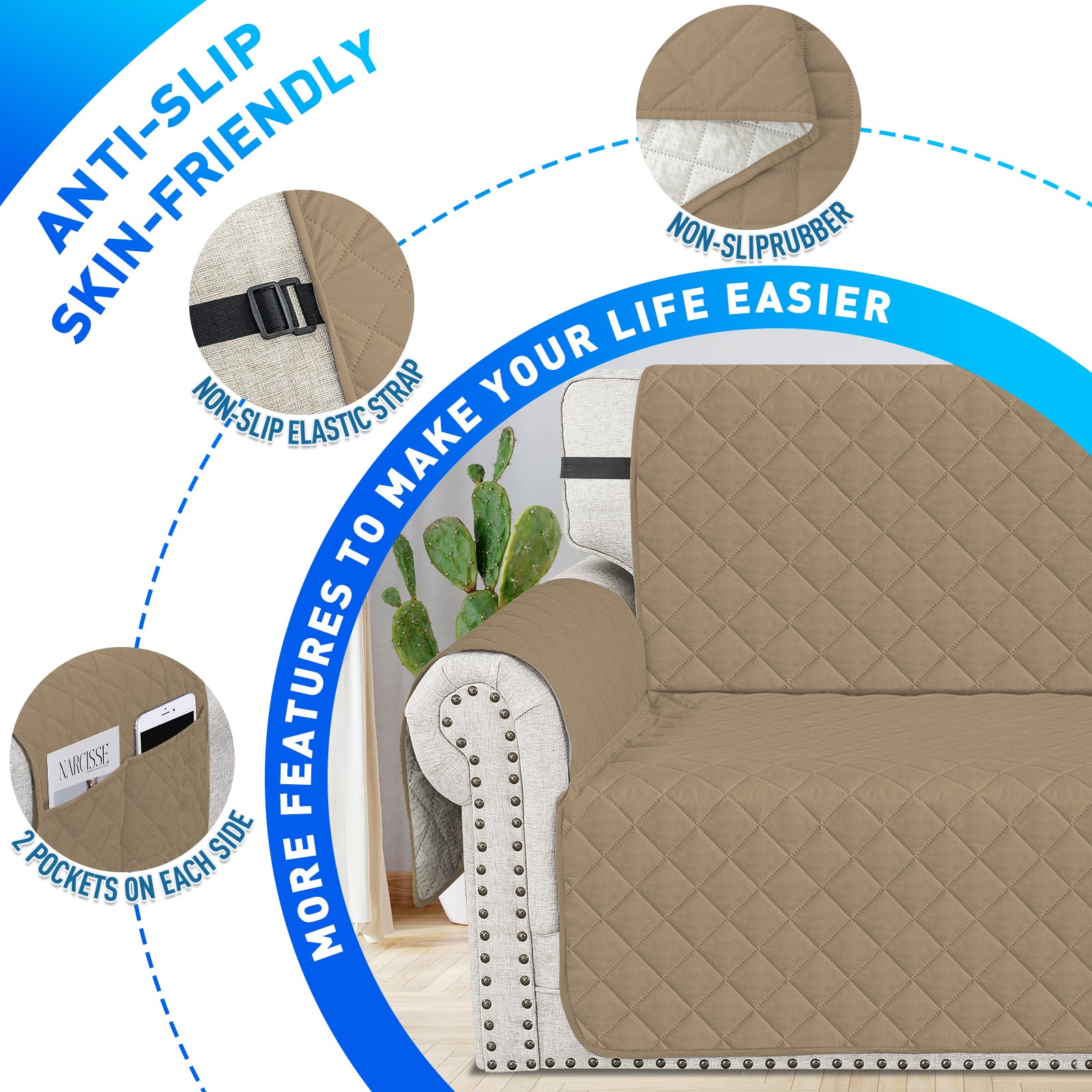 Ystyle Waterproof 2 Seater Sofa Cover with Armrests Anti-Slip