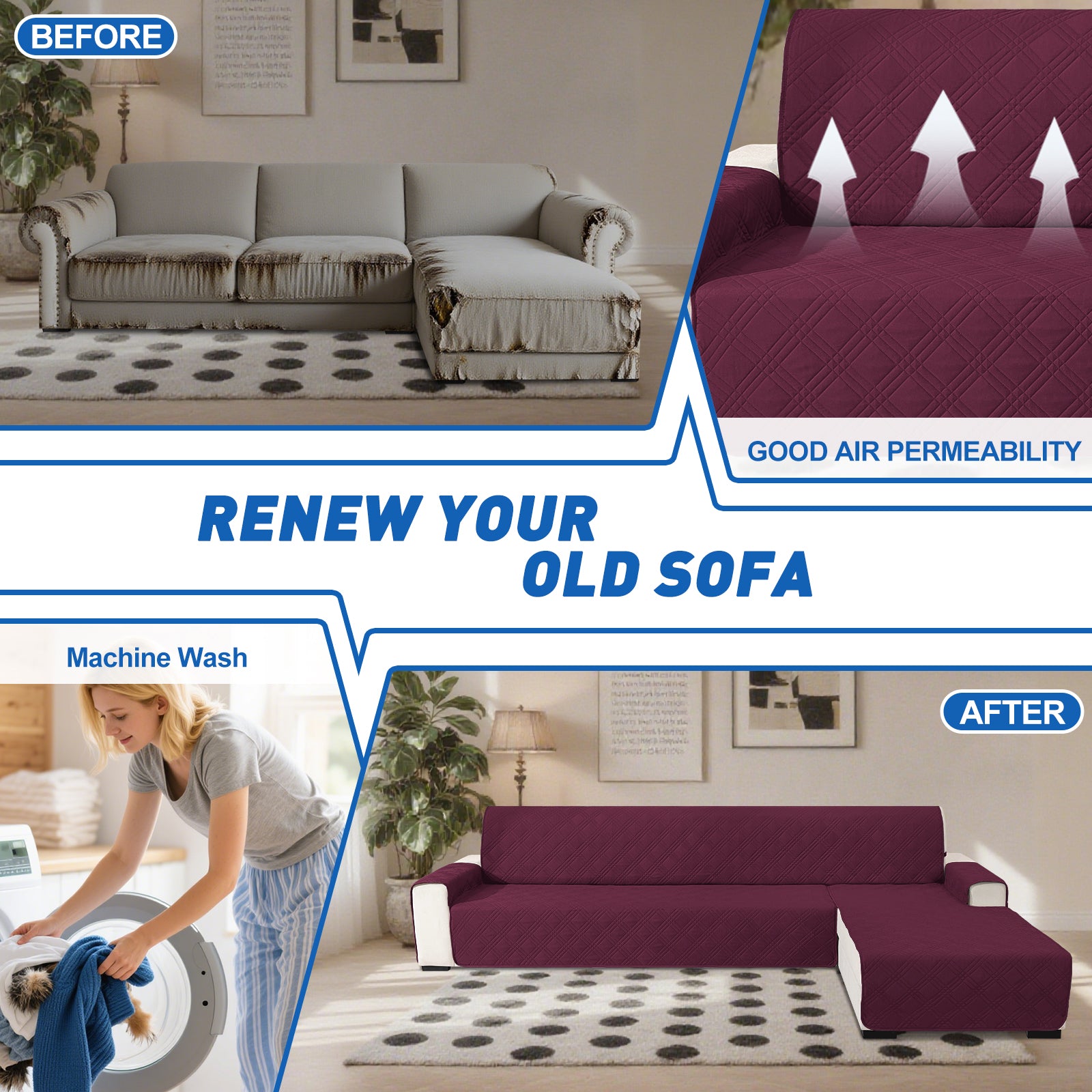 YSTYLE Reversible 4 Seater Corner Sofa Cover Quilted Anti Slip-YSTYLE