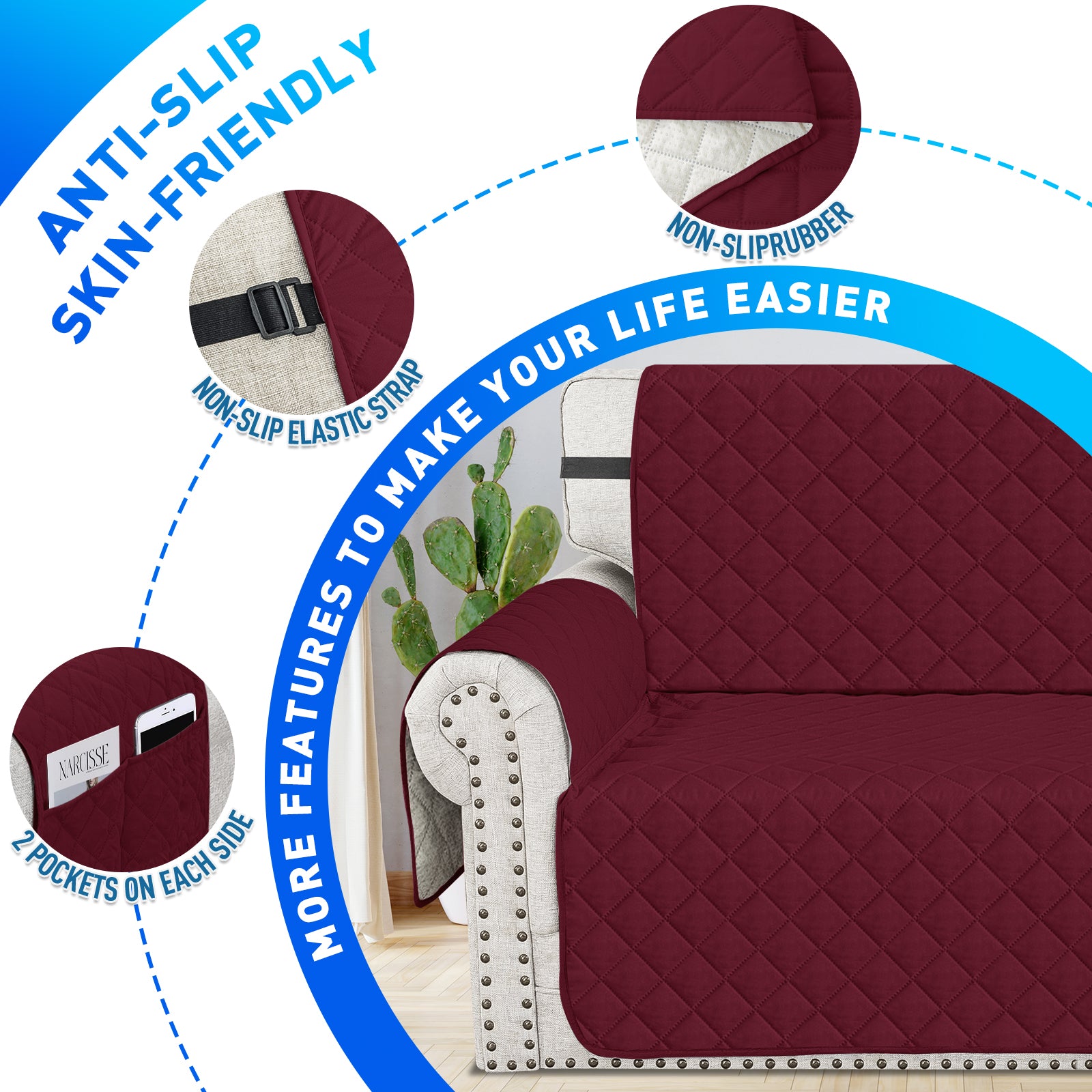 Ystyle Waterproof 2 Seater Sofa Cover with Armrests Anti-Slip