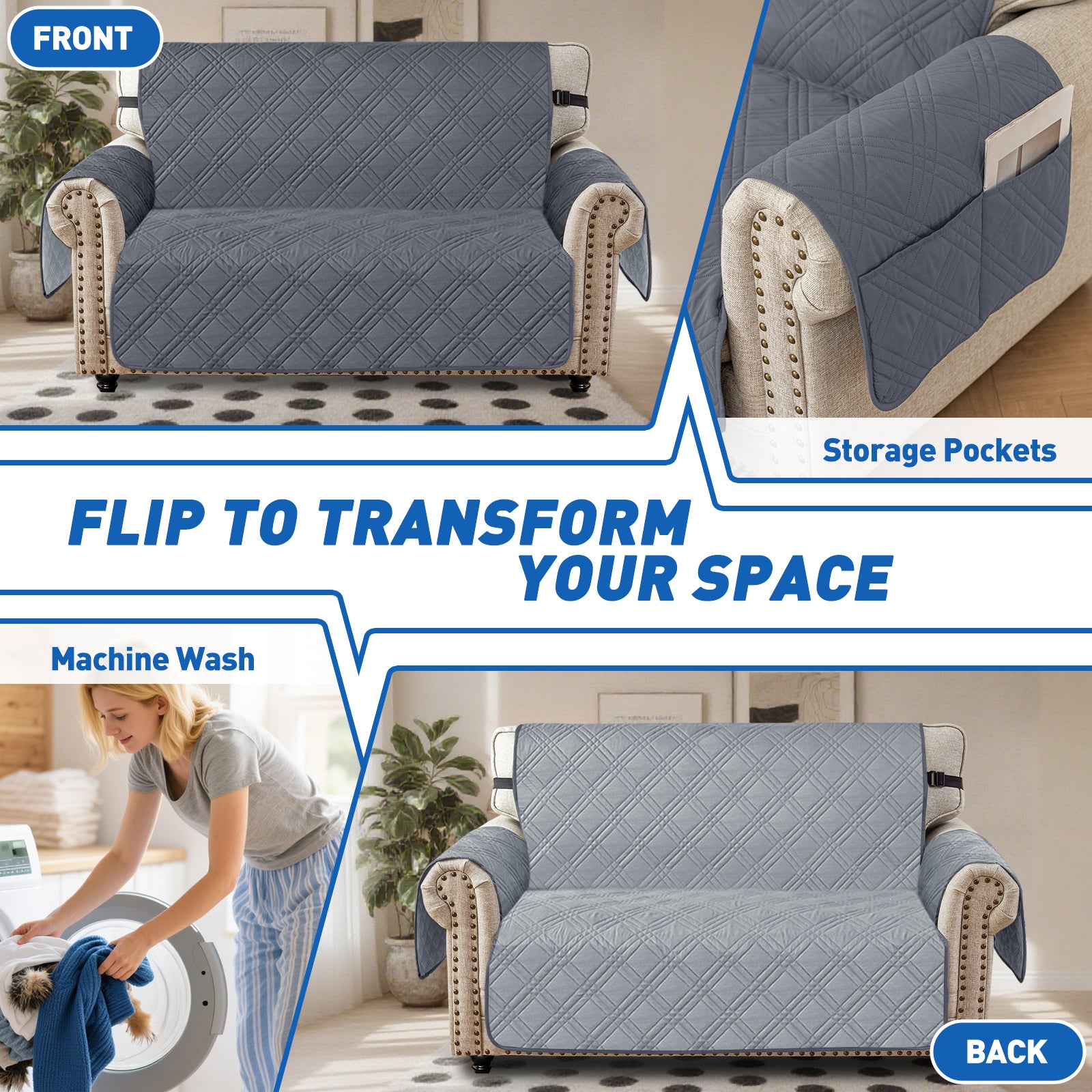 Ystyle Reversible 4 Seater Sofa Cover with Armrests Anti-Slip-YSTYLE