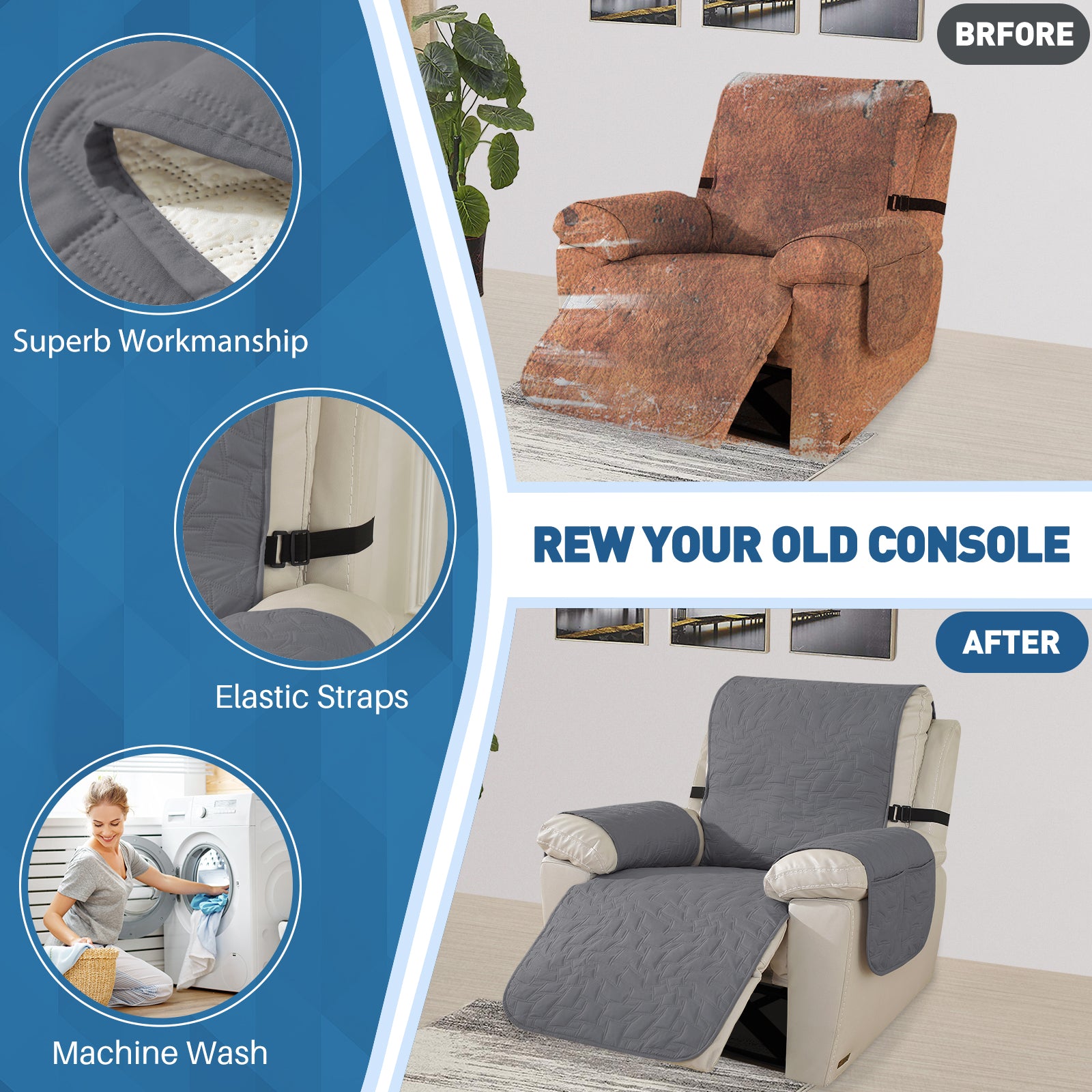 Capa para Sillón Reclinable de 1 Plazas YSTYLE – Impermeable, Antideslizante, Ajuste Elástico con Apoyabrazos