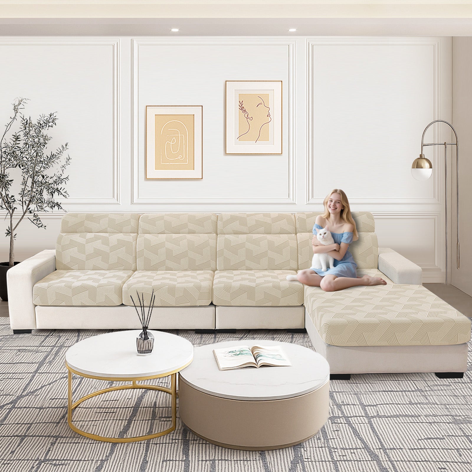 Ystyle Elastic Sofa Seat Cover, Universal Living Room Cushion Cover, Separate Sofa Cushion Slipcovers, Non-Slip, Stain-Resistant, Super Soft & Washable(2 Pieces+Chaise longue)