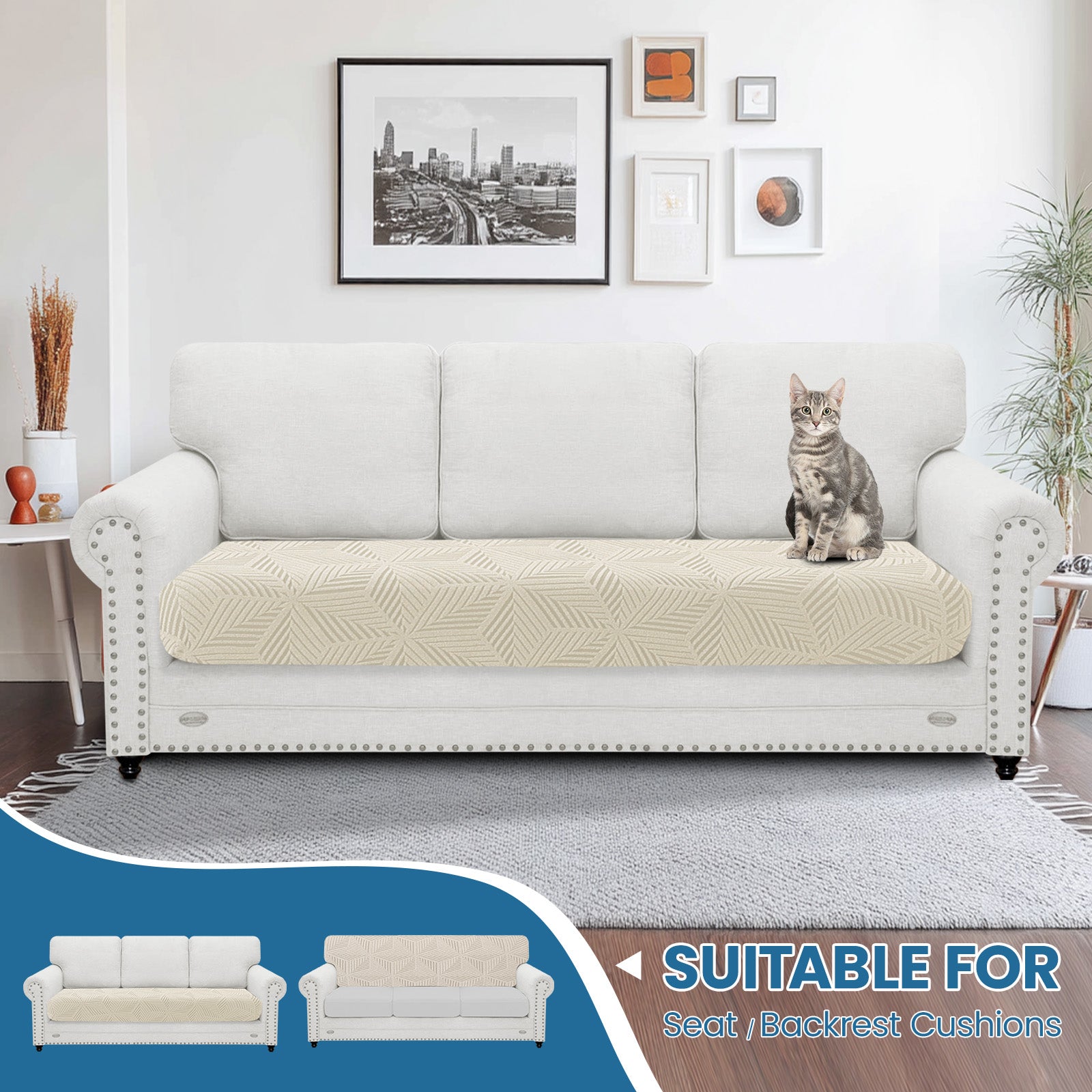 Ystyle 3 Seater Elastic Sofa Cushion Covers, Separate Sofa Seat Cushion Slipcovers, Universal Stretch Sofa Seat Protectors