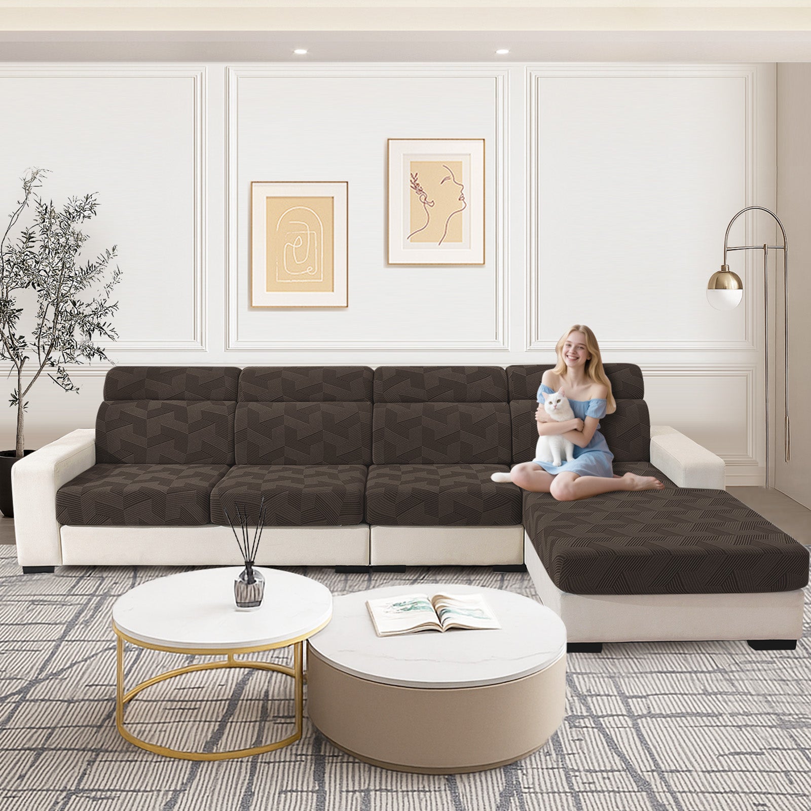 Ystyle Elastic Sofa Seat Cover, Universal Living Room Cushion Cover, Separate Sofa Cushion Slipcovers, Non-Slip, Stain-Resistant, Super Soft & Washable(2 Pieces+Chaise longue)