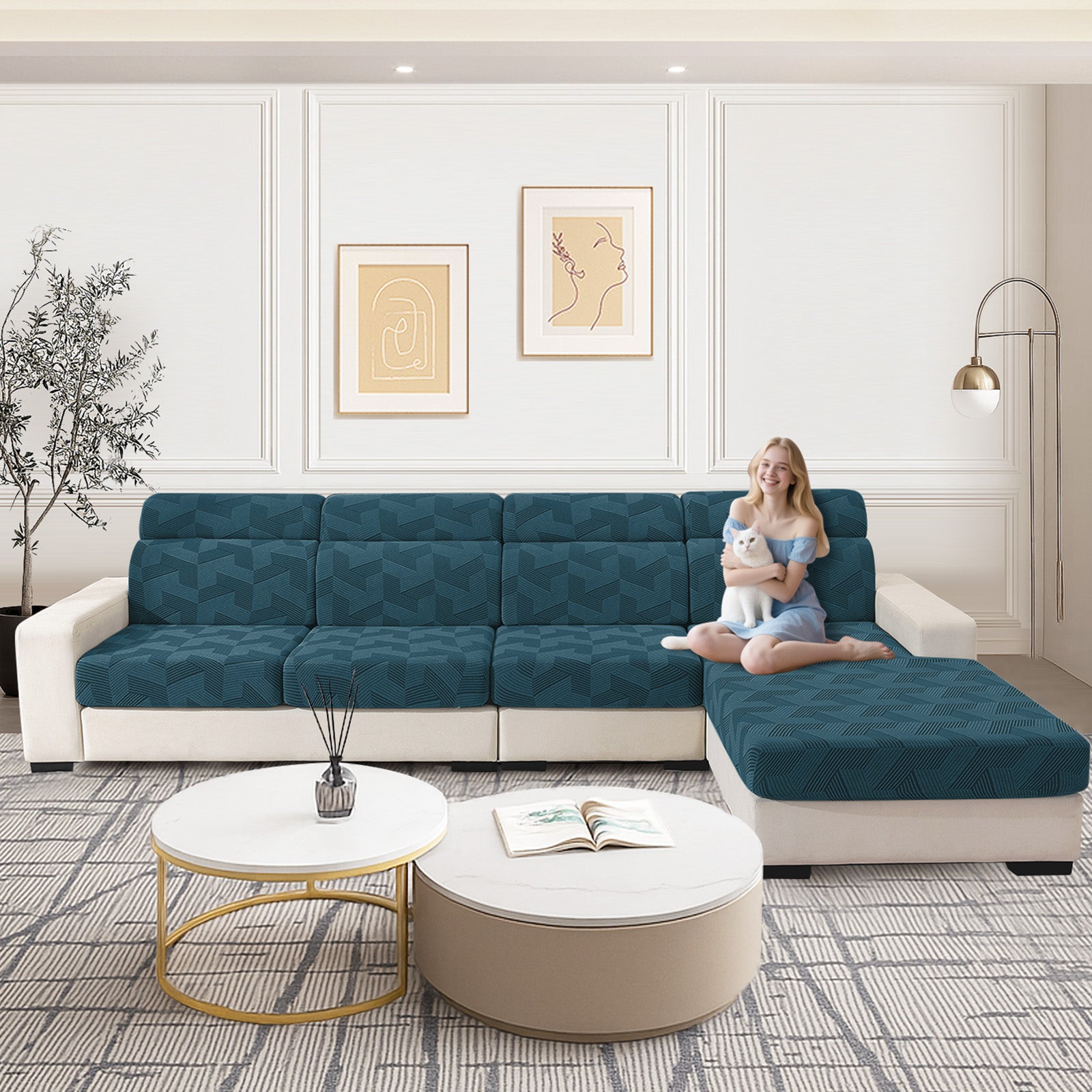 Ystyle Elastic Sofa Seat Cover, Universal Living Room Cushion Cover, Separate Sofa Cushion Slipcovers, Non-Slip, Stain-Resistant, Super Soft & Washable(2 Pieces+Chaise longue)