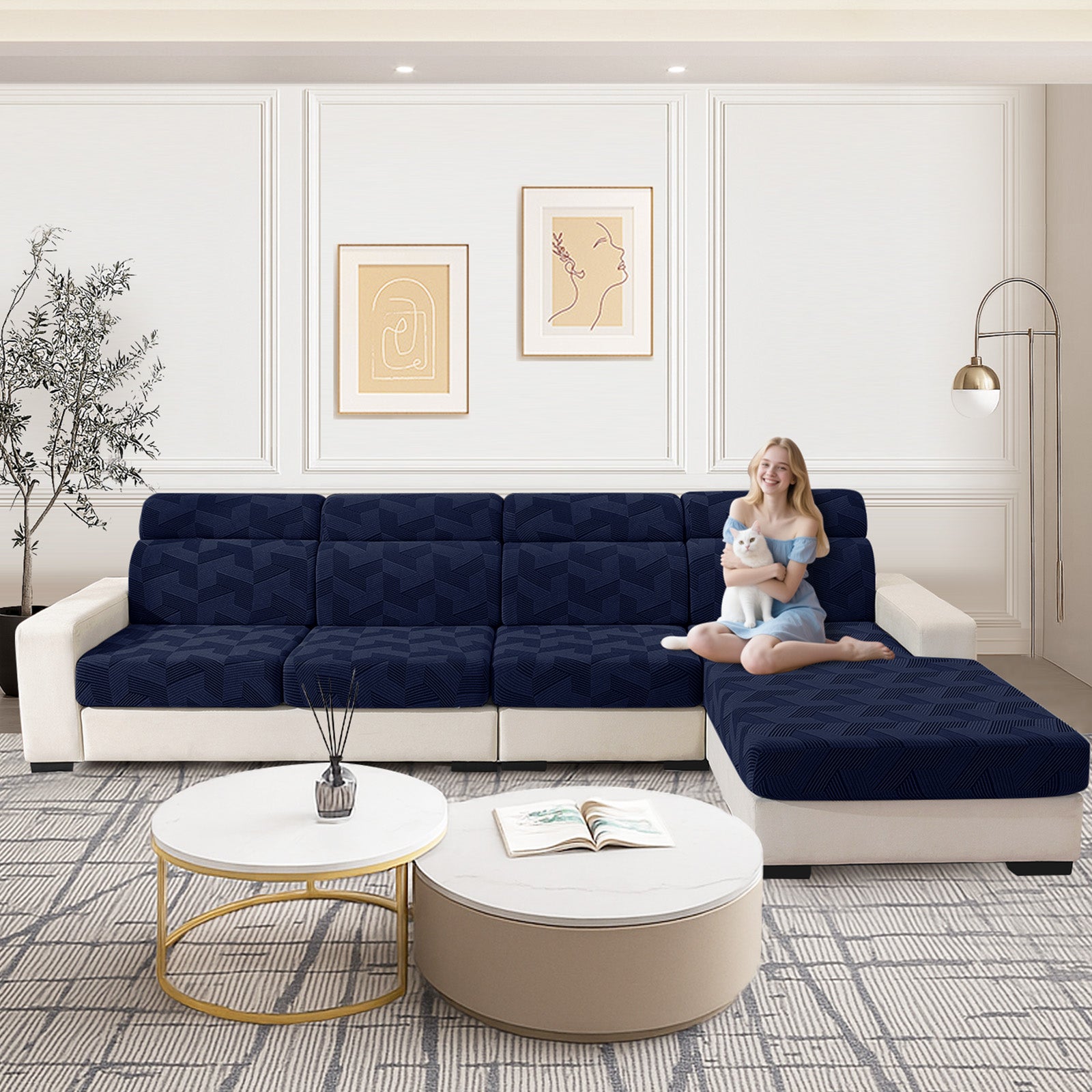 Ystyle Elastic Sofa Seat Cover, Universal Living Room Cushion Cover, Separate Sofa Cushion Slipcovers, Non-Slip, Stain-Resistant, Super Soft & Washable(2 Pieces+Chaise longue)