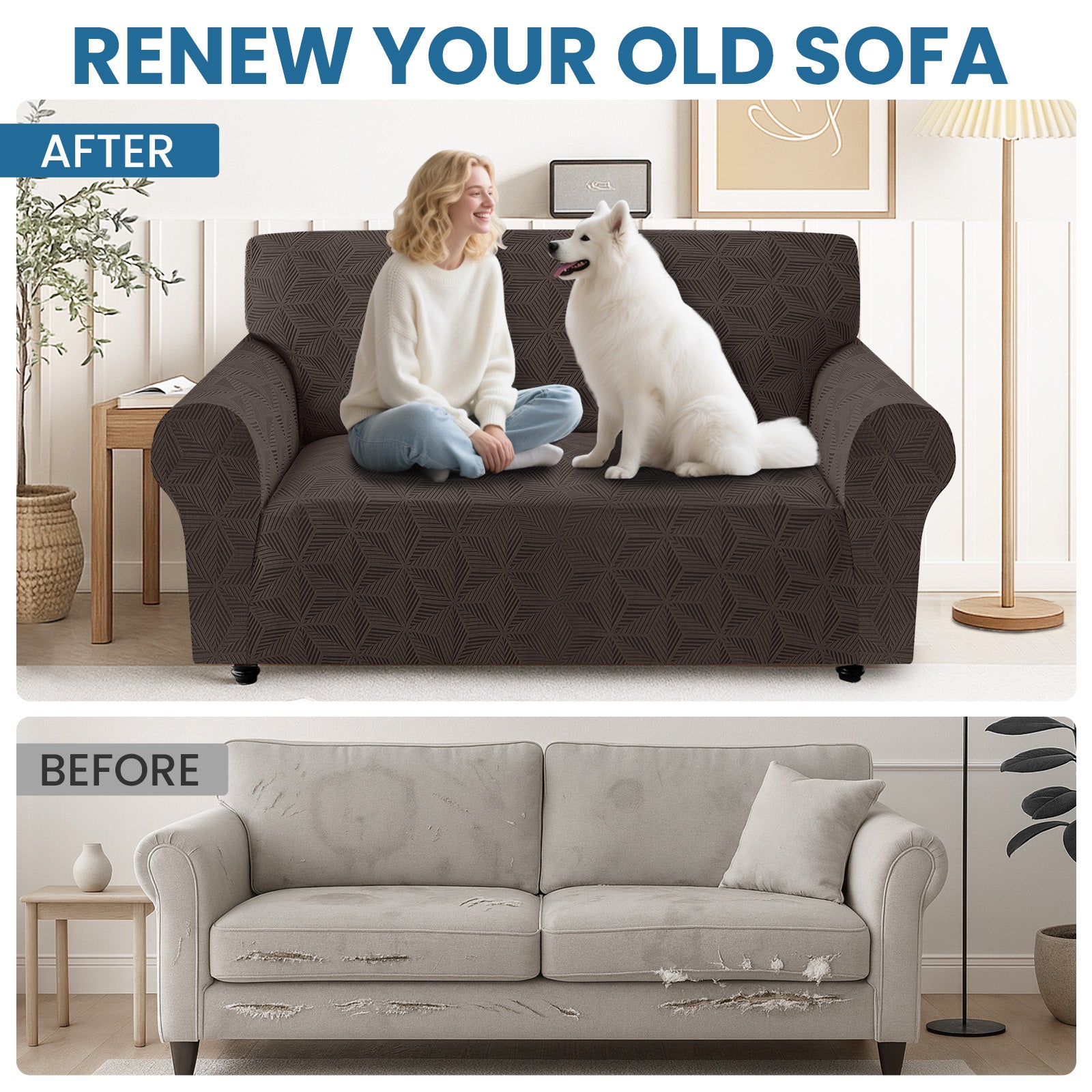 Ystyle Stretch 4 Seater Sofa Cover with Armrests Geometric Pattern Anti Slip-YSTYLE