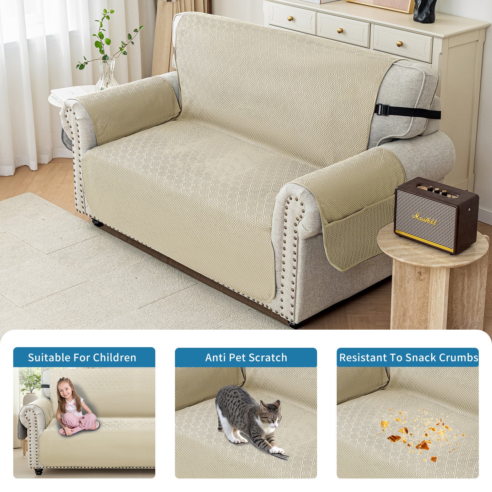 2 Seater Sofa Cover with Armrests in Scratch-Resistant Non-Slip Fabric