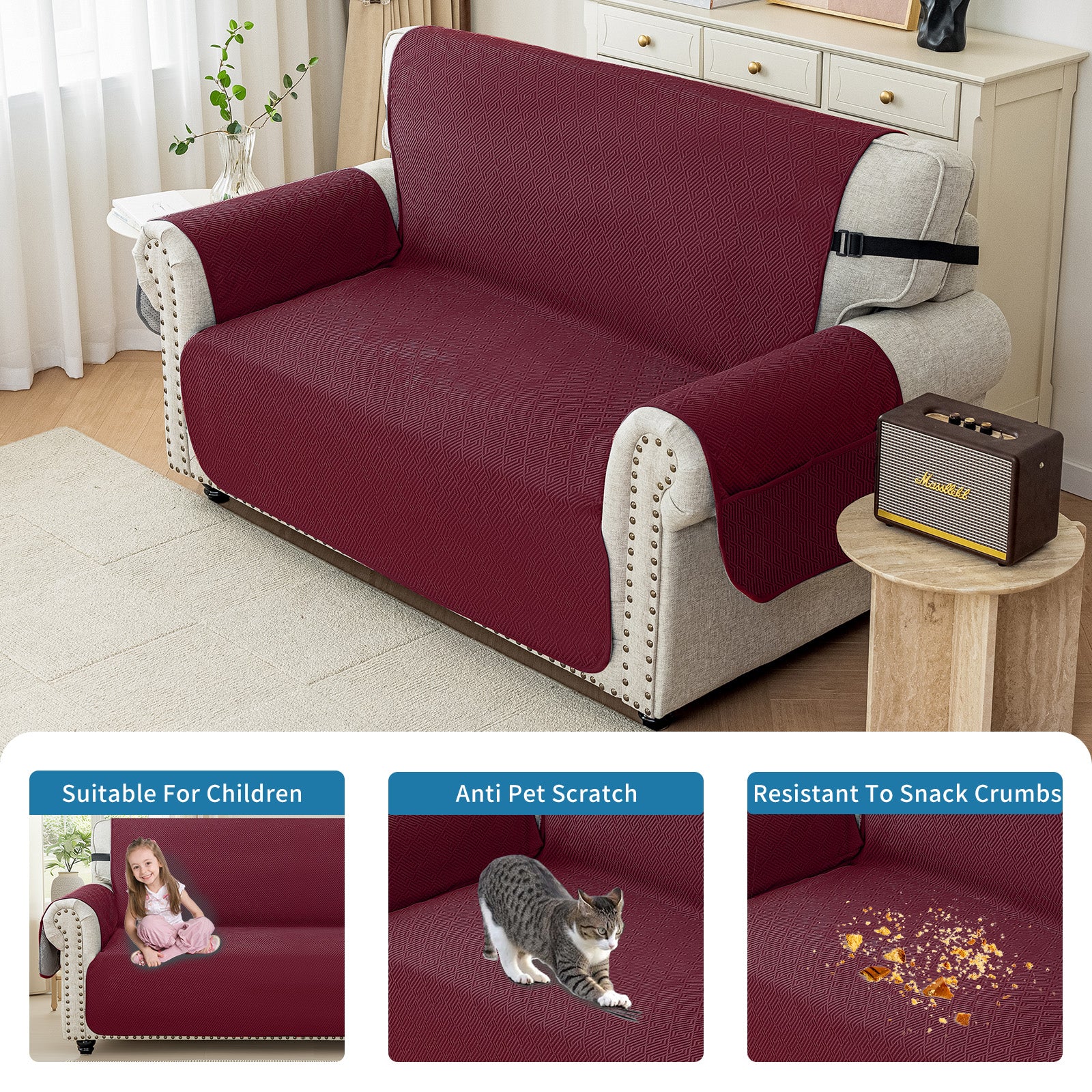 YSTYLE 3 Seater Sofa Cover with Armrests Geometric Pattern Anti Slip-YSTYLE