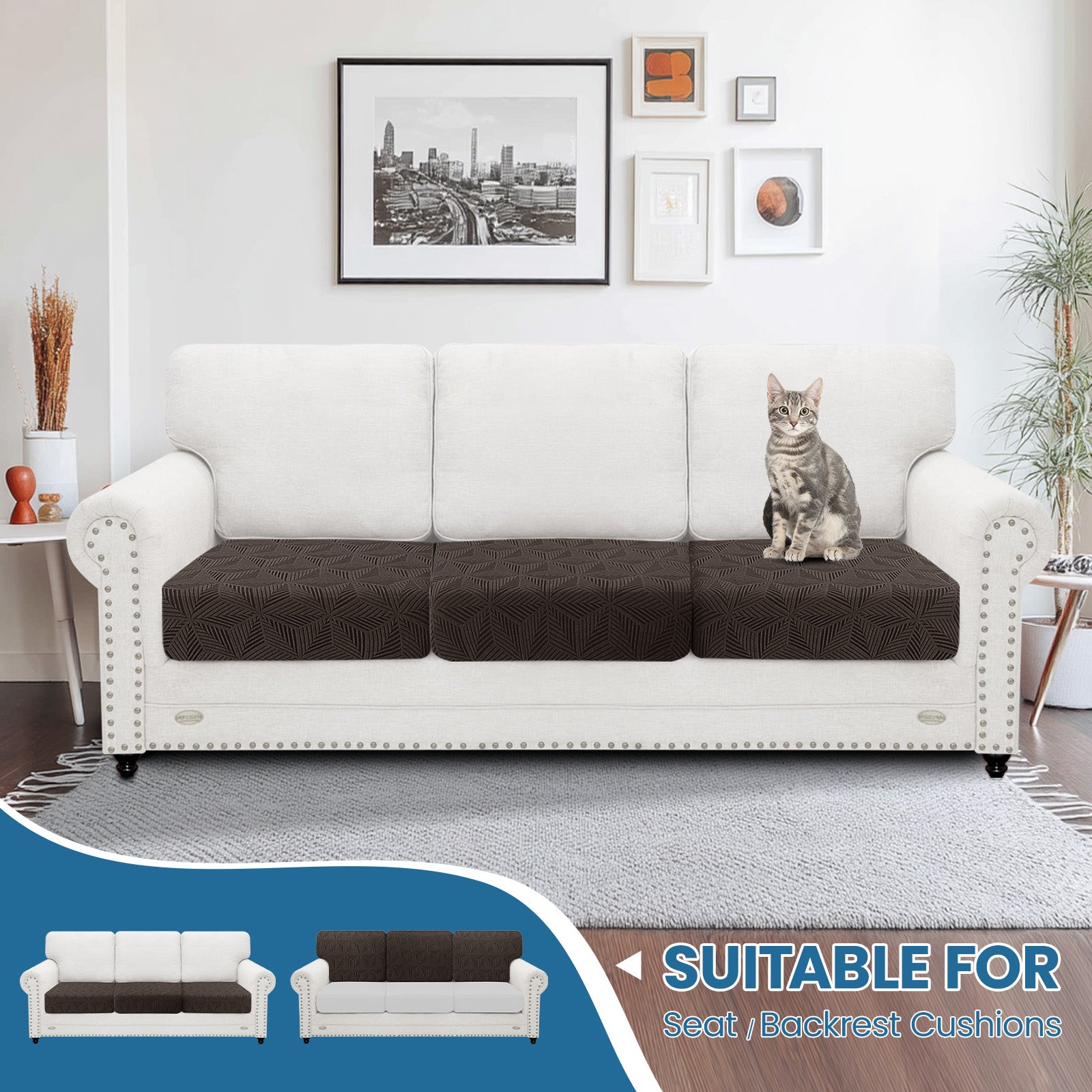 Ystyle 3 Piece Stretch Sofa Seat Cover 1 Seater Anti Slip Geometric-YSTYLE