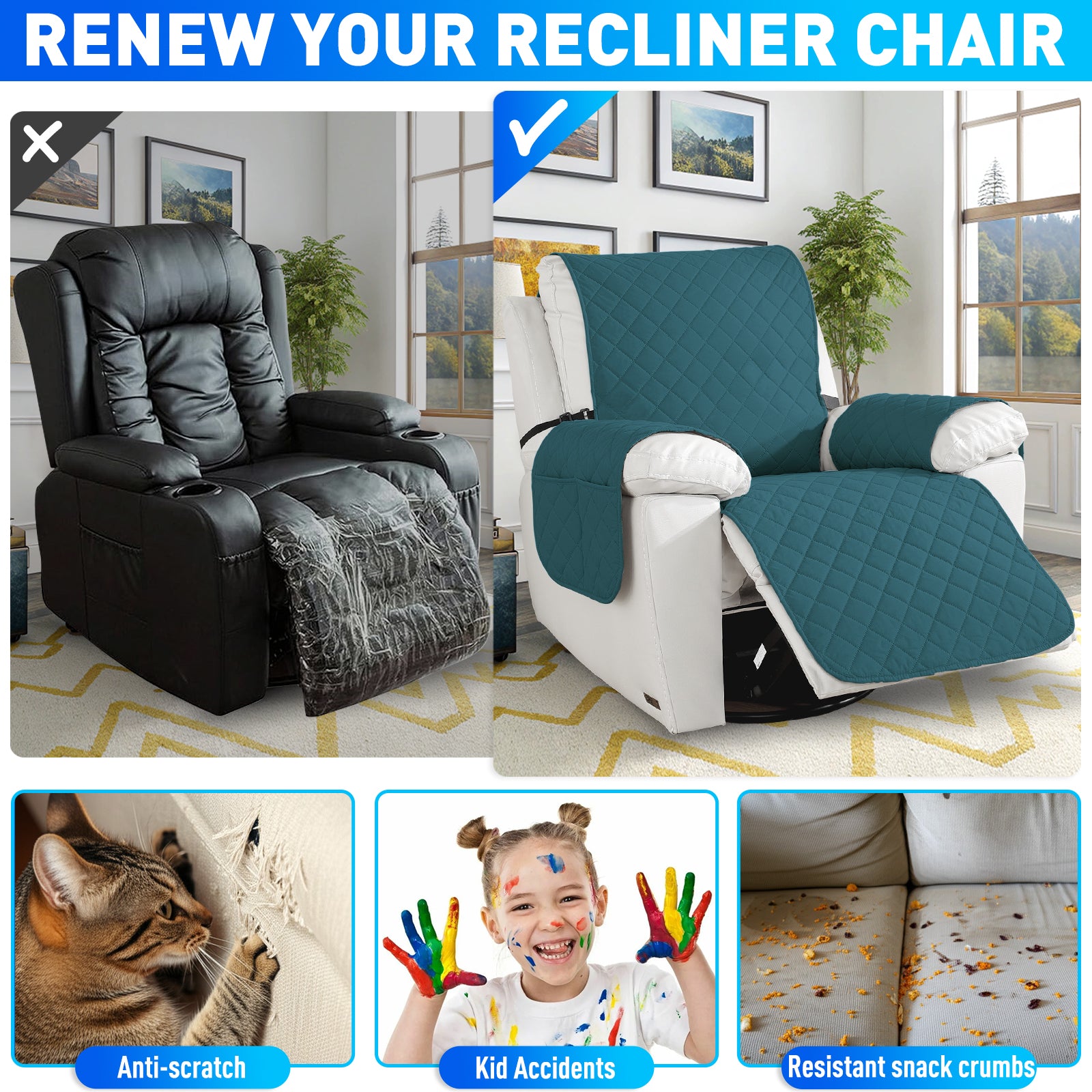 Waterproof 1 Seater Armchair Cover with Non-Slip Backing and Pockets