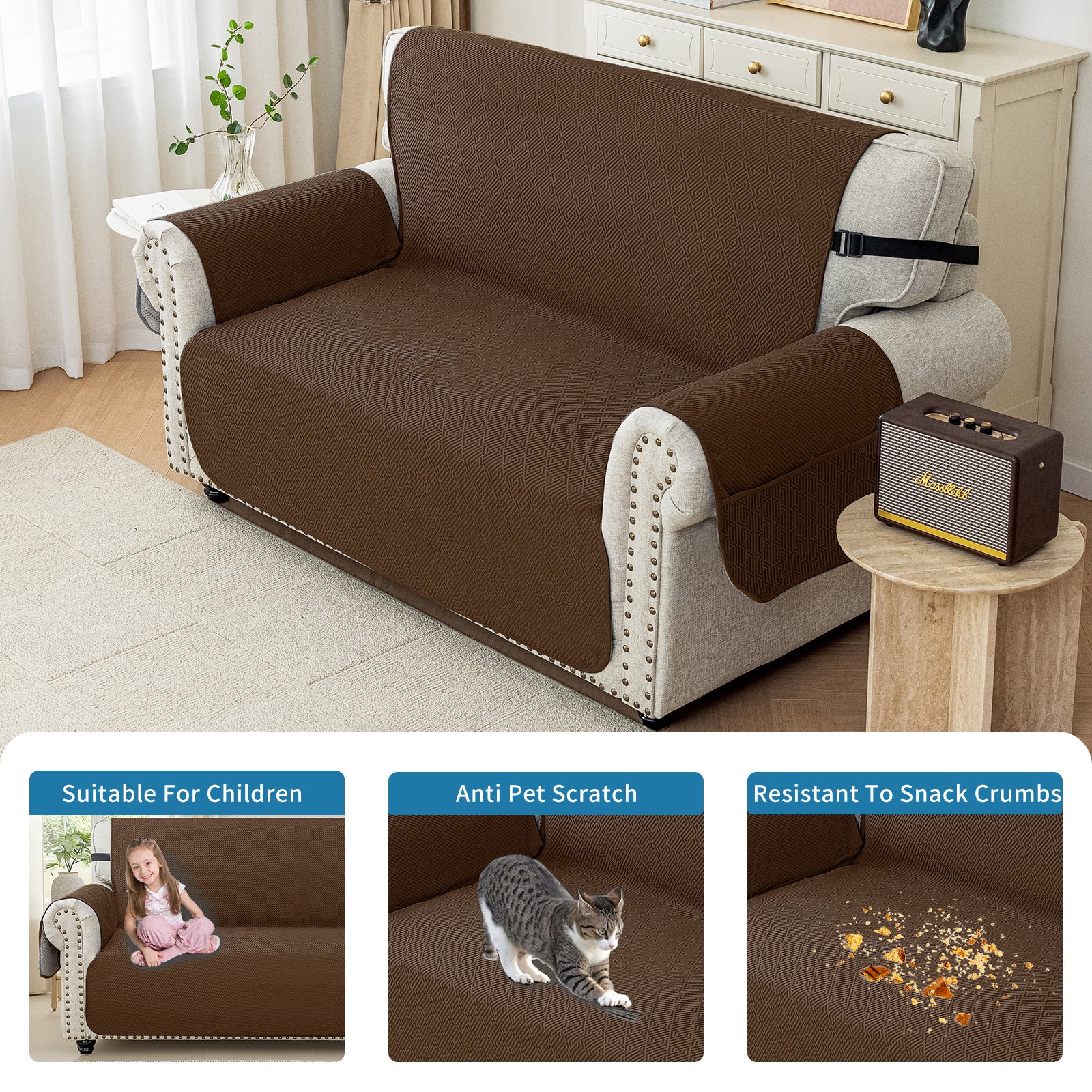 4 Seater Sofa Cover with Armrests in Anti-Scratch Non-Slip Green Fabric