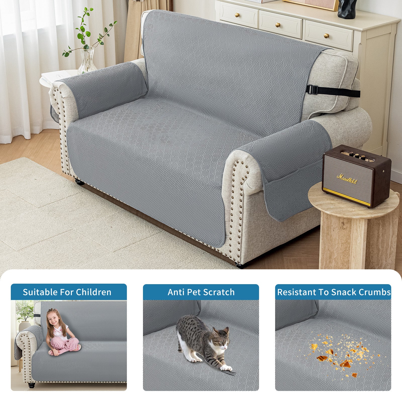 2 Seater Sofa Cover with Armrests in Scratch-Resistant Non-Slip Fabric