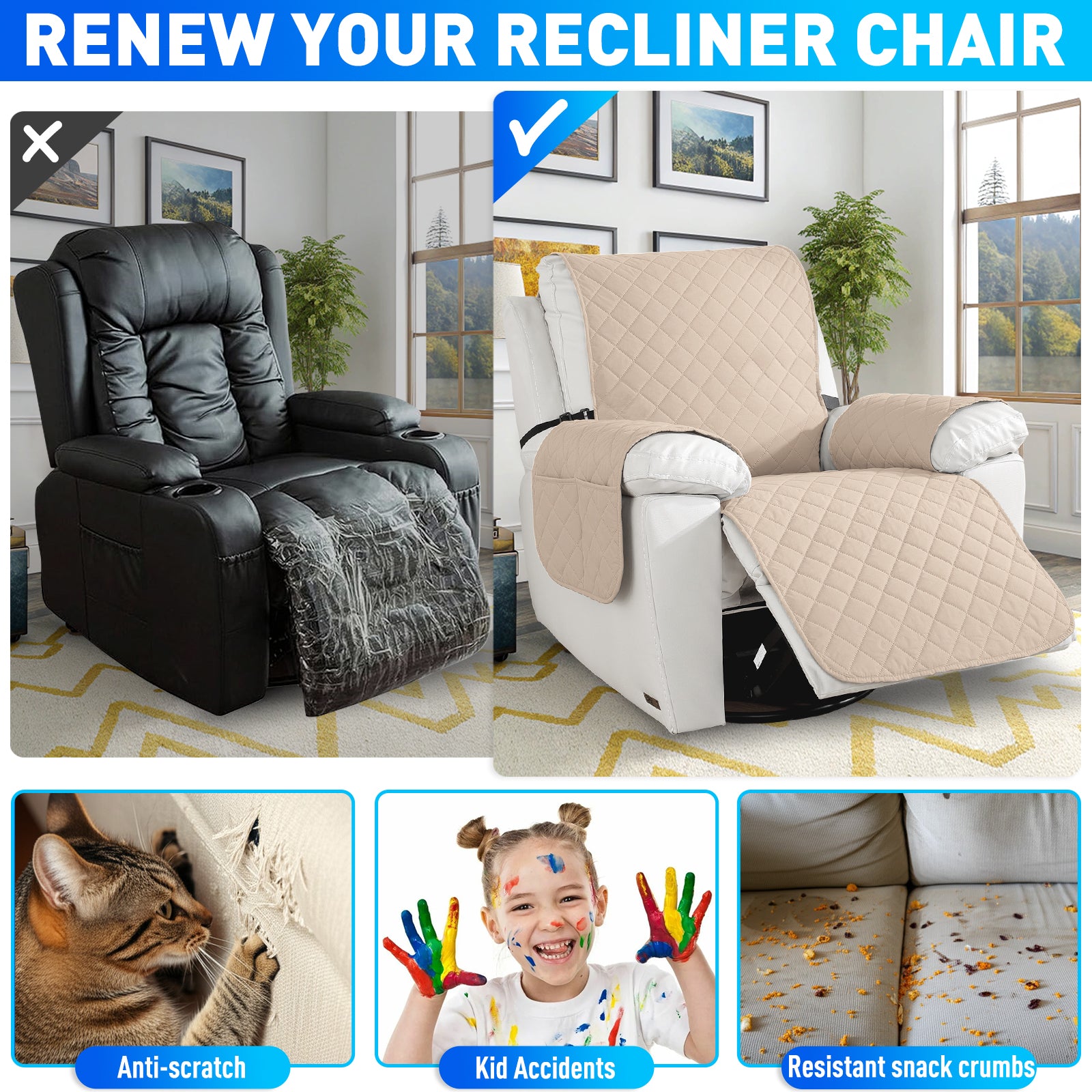 Waterproof 1 Seater Armchair Cover with Non-Slip Backing and Pockets