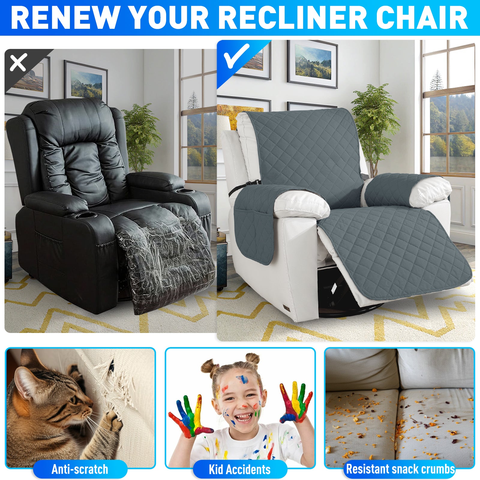 Waterproof 1 Seater Armchair Cover with Non-Slip Backing and Pockets