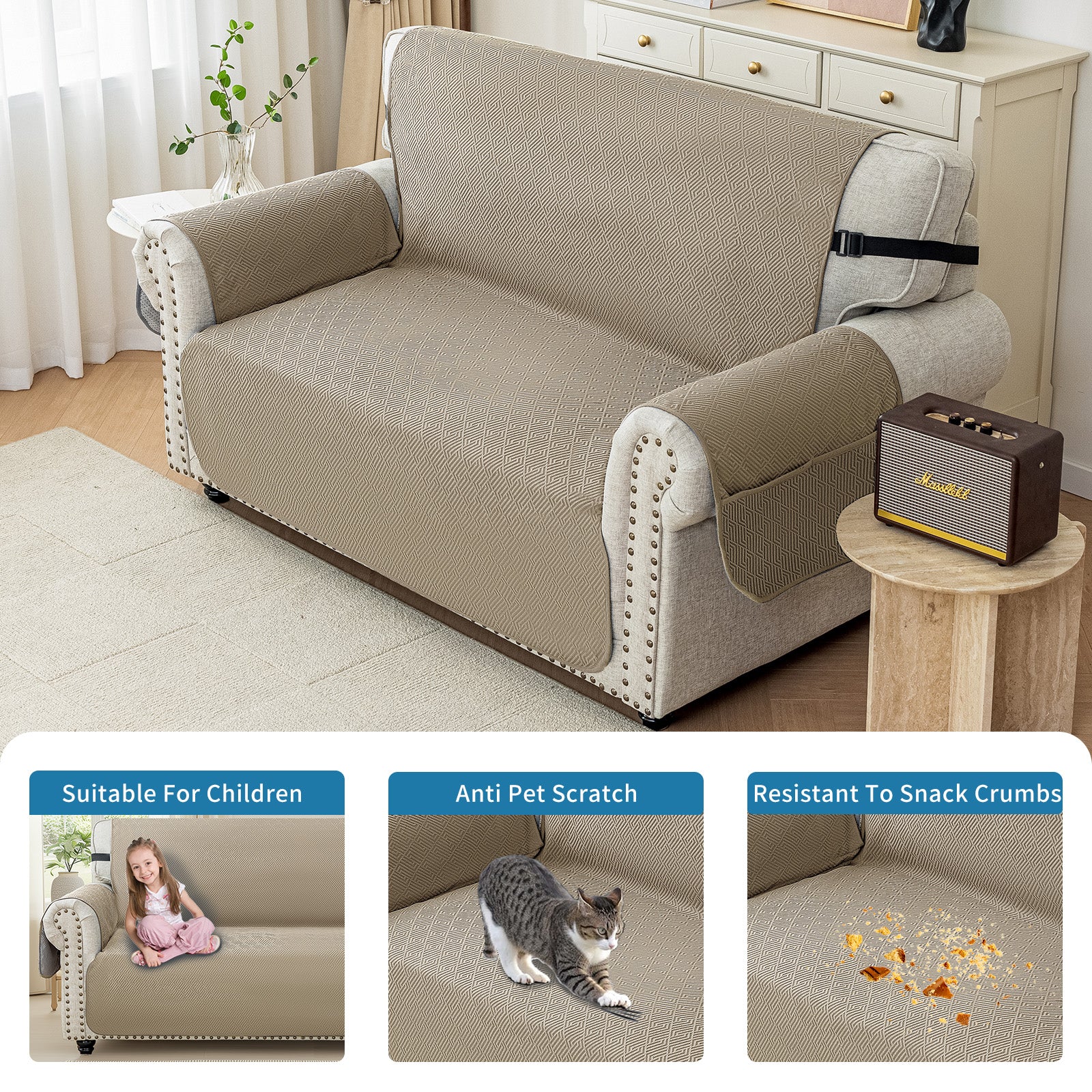 4 Seater Sofa Cover with Armrests in Anti-Scratch Non-Slip Green Fabric