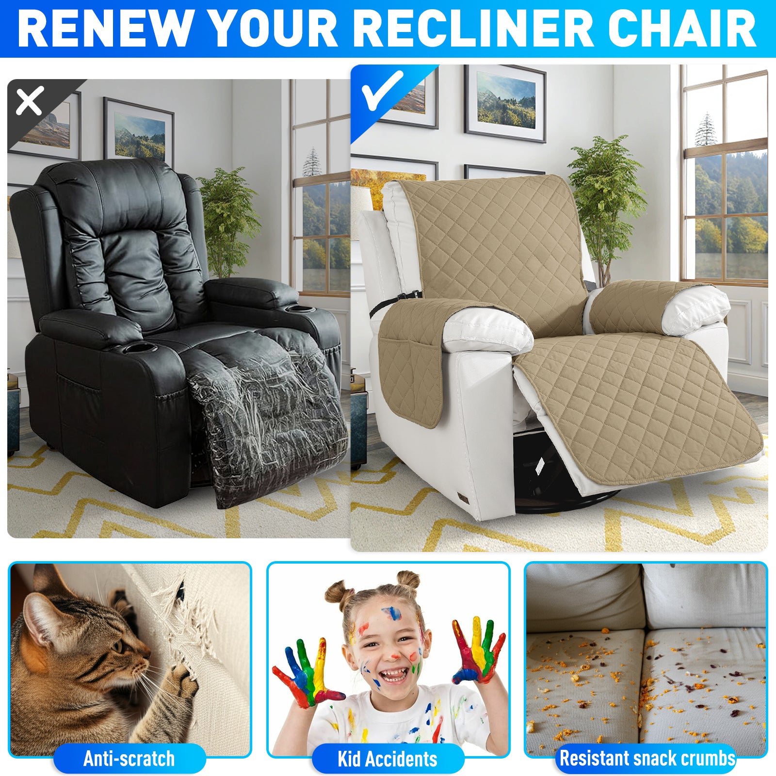 Waterproof 1 Seater Armchair Cover with Non-Slip Backing and Pockets