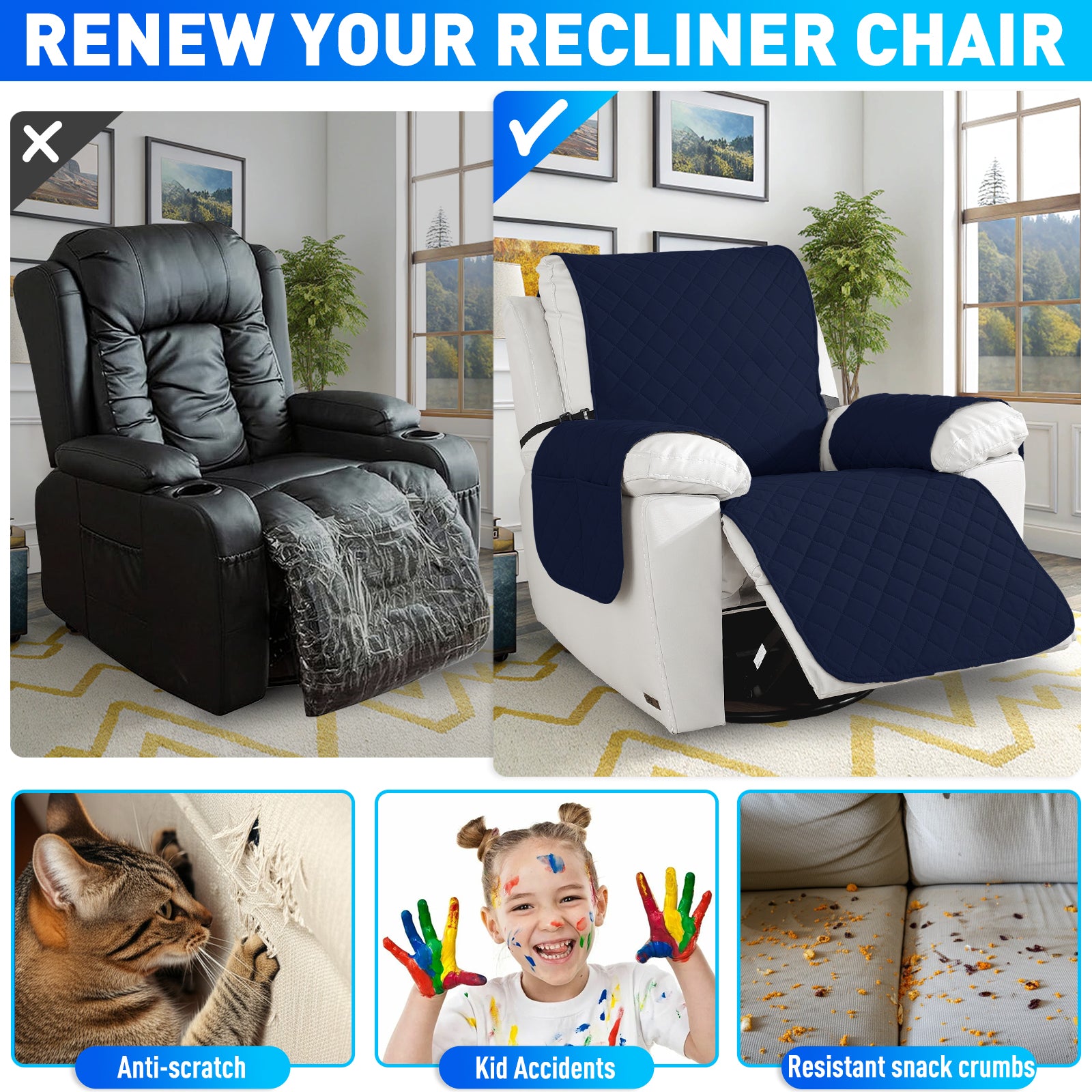 Waterproof 1 Seater Armchair Cover with Non-Slip Backing and Pockets