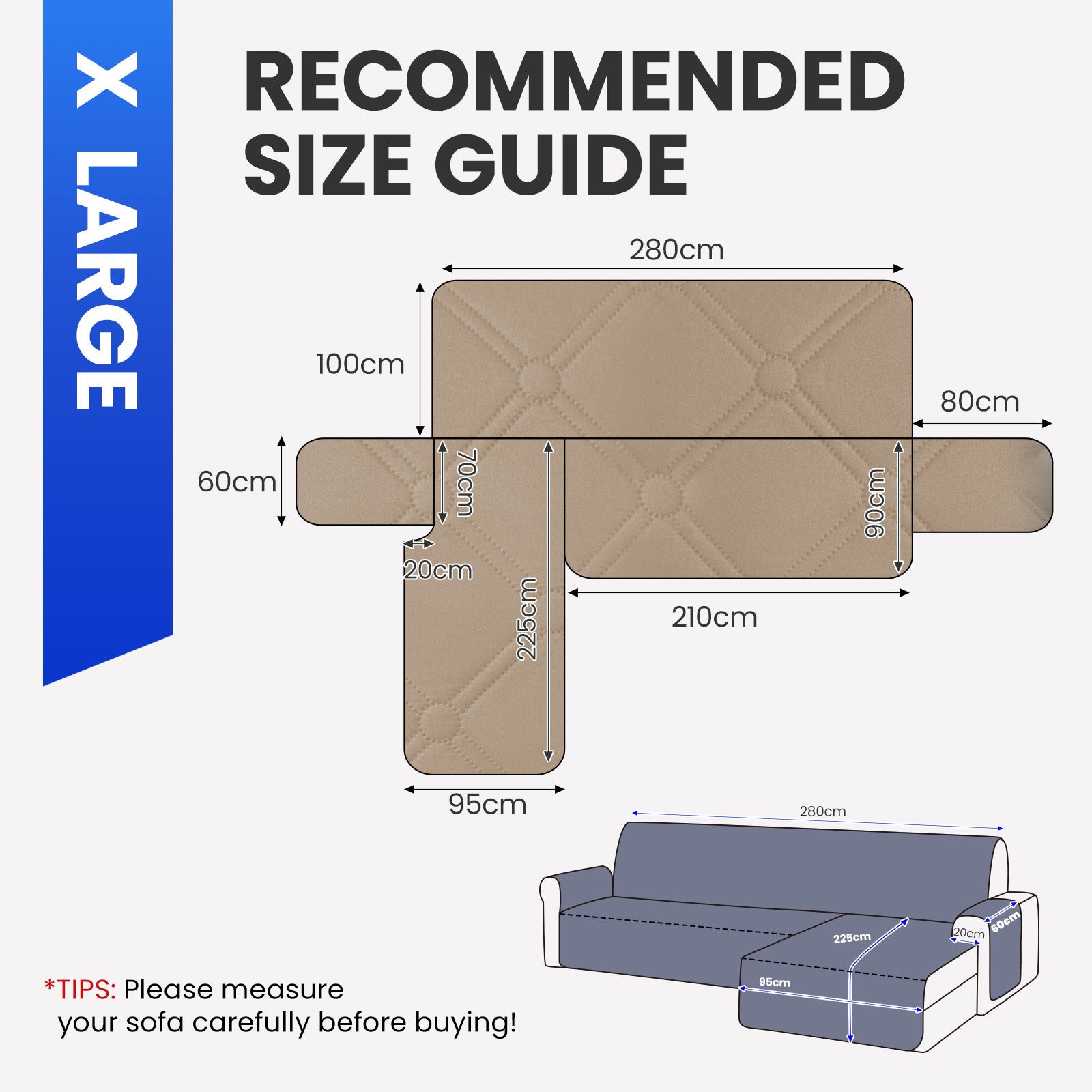 Ystyle Waterproof 4 Seater Corner Sofa Cover Reversible 280 cm