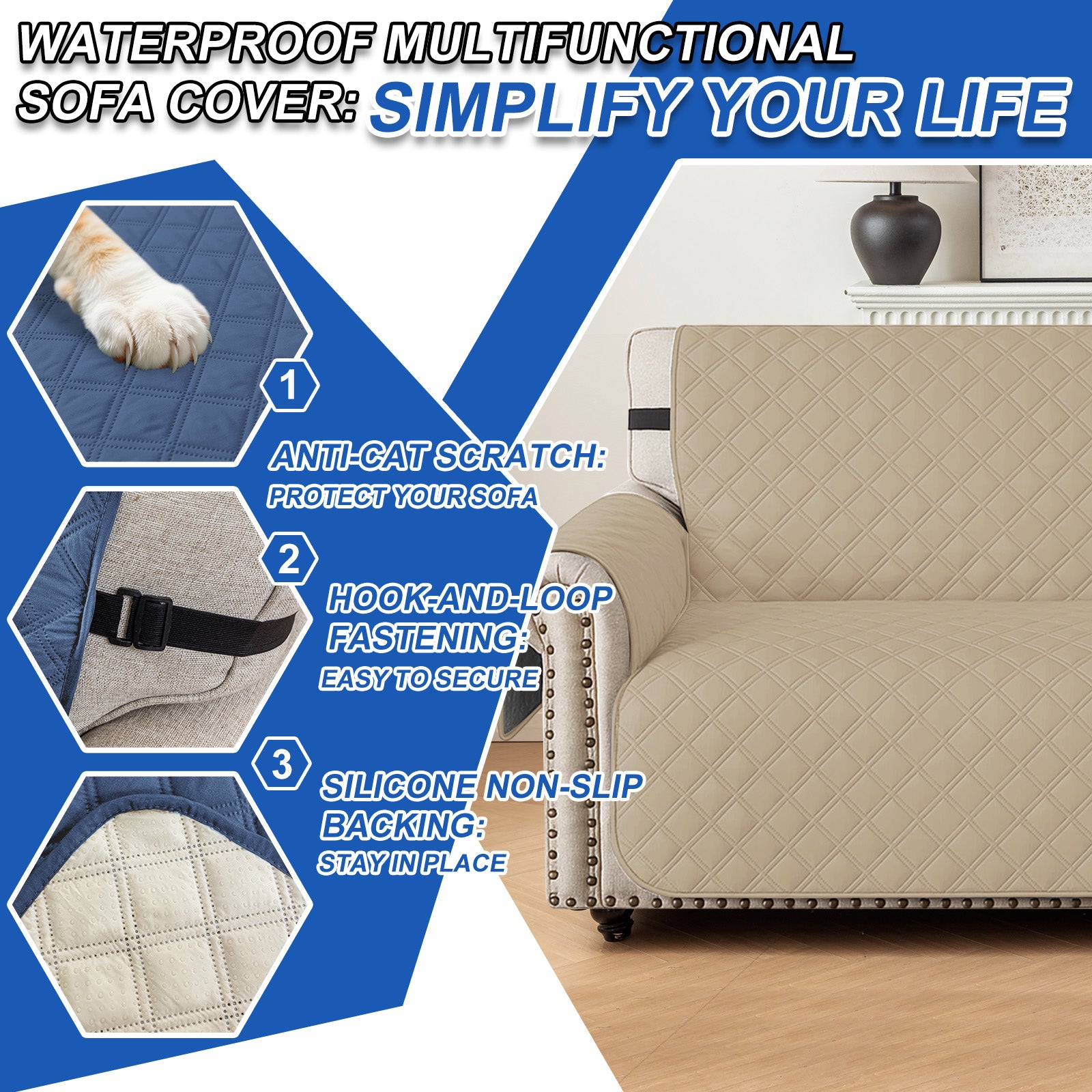 Ystyle 100% Waterproof 4 Seater Sofa Cover with Side Pockets