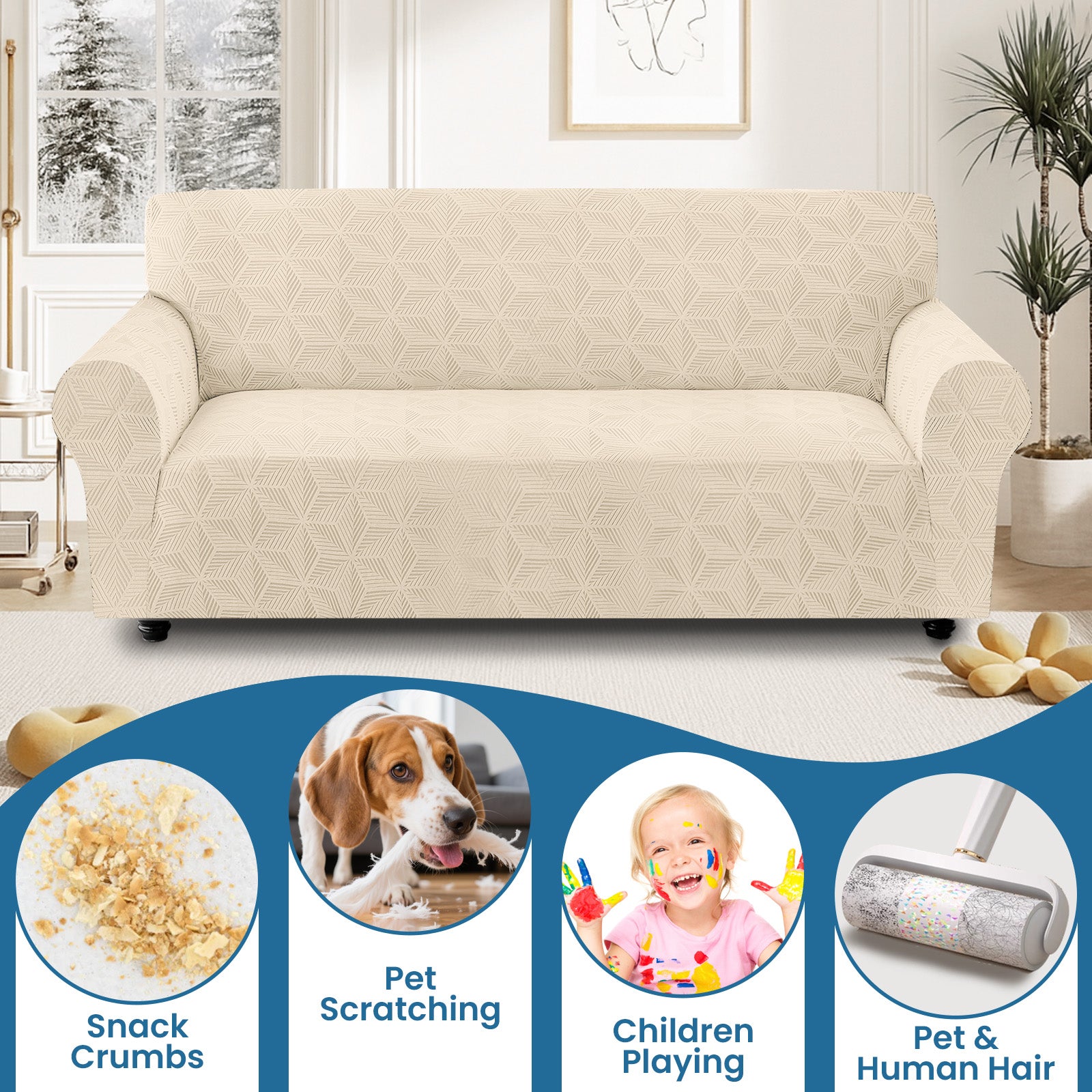 Ystyle Stretch 4 Seater Sofa Cover with Armrests Geometric Pattern Anti Slip-YSTYLE